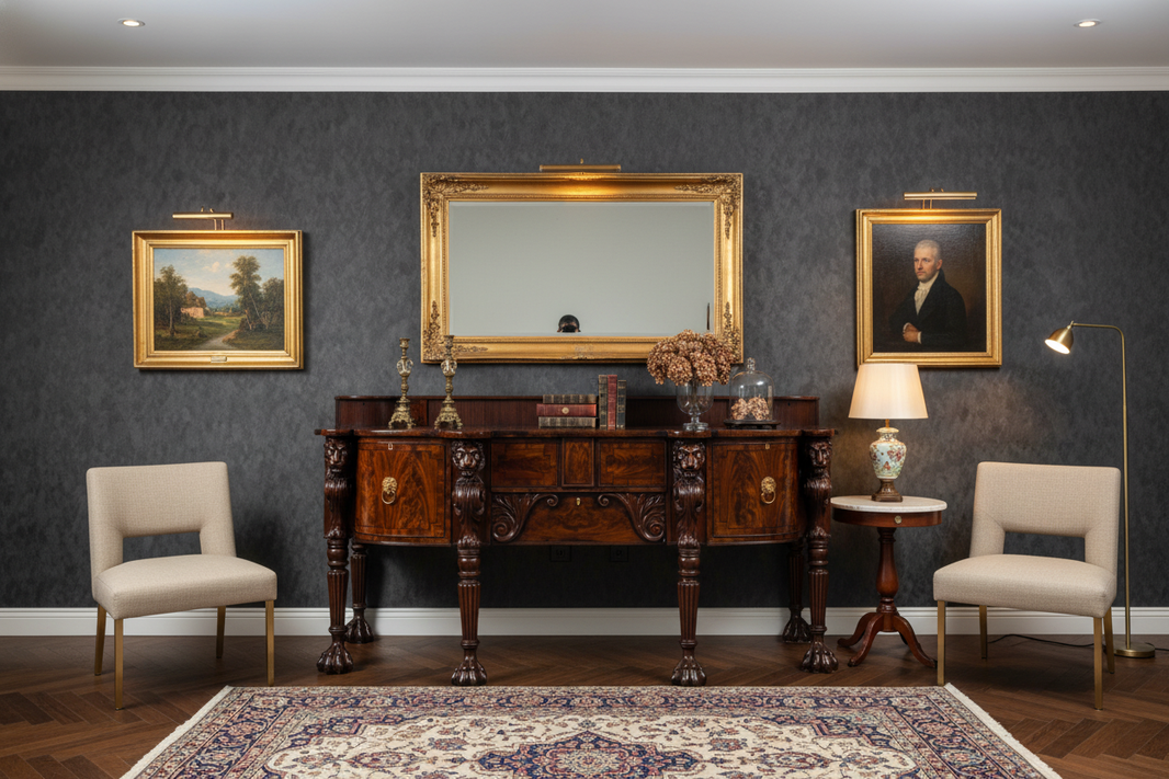 Antique Georgian mahogany sideboard styled in a modern interior with mirror and contemporary chairs - Hawkins Antiques