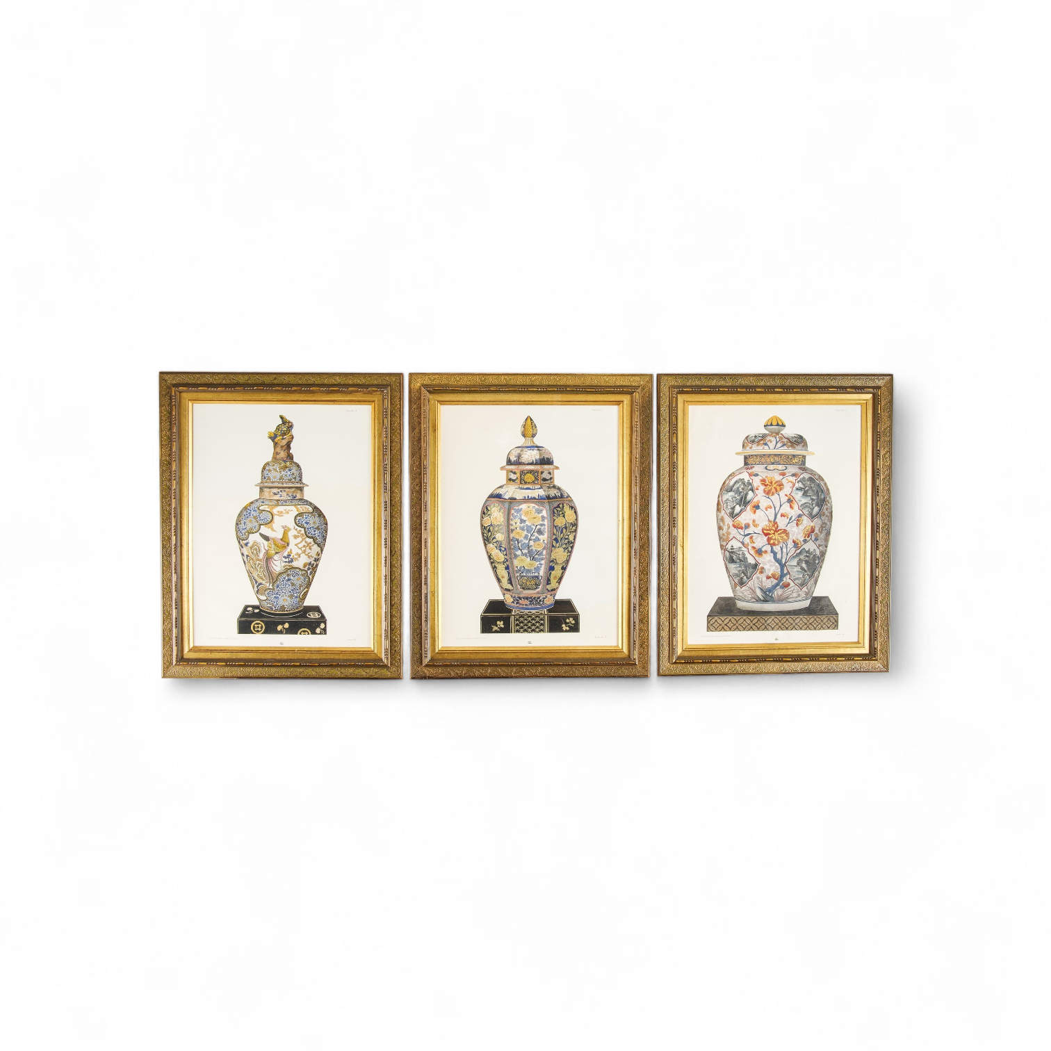 Set of 3 Vintage French Decorative Prints After 19th Century Oriental Porcelain Vases, Firmin-Didot Paris, Framed Wall Art