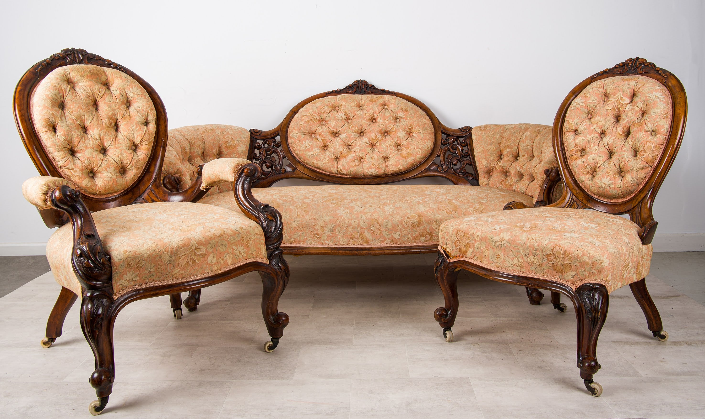 Antique Victorian Carved Walnut Three-Piece Suite Settee & Pair of Chairs, c.1880
