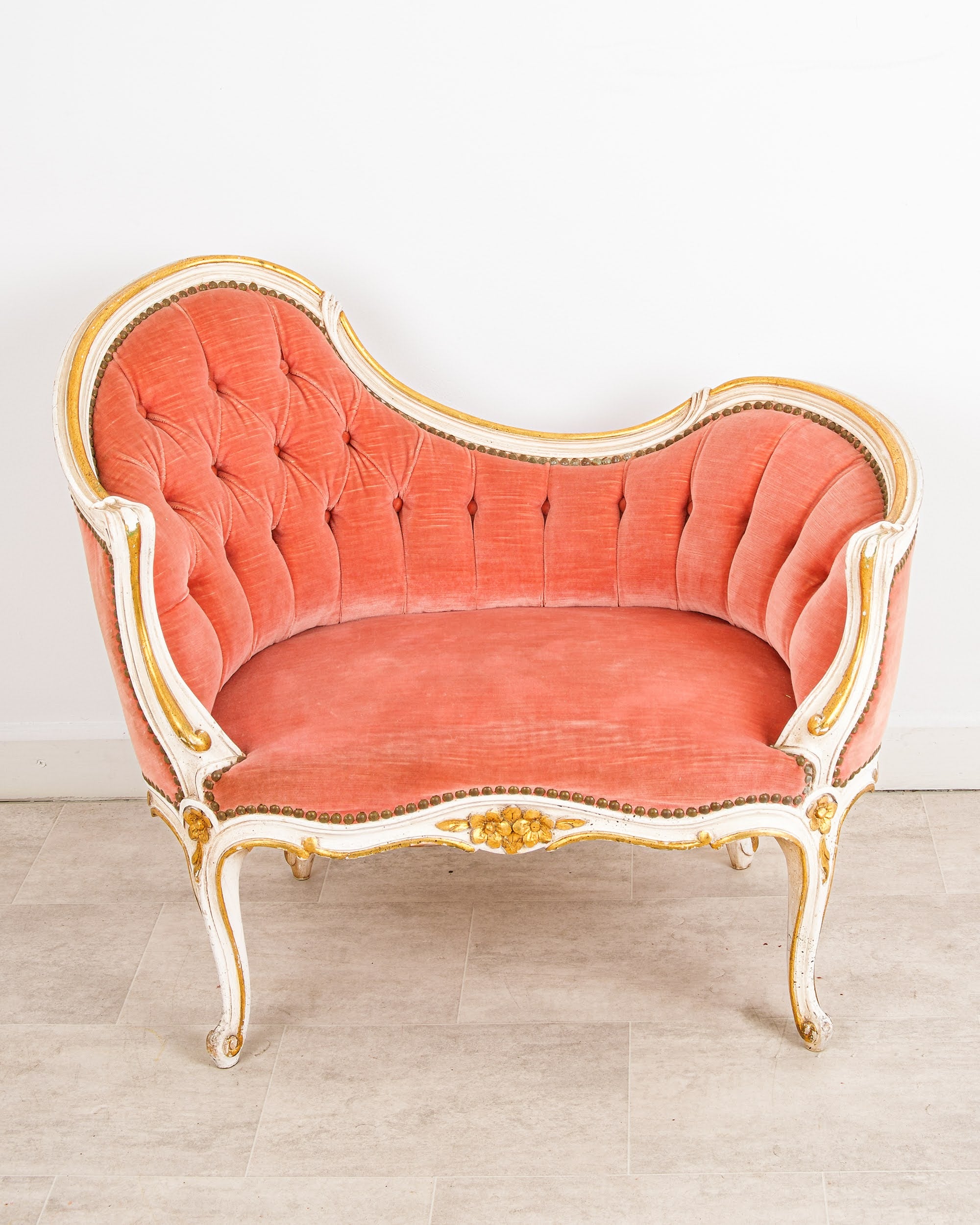 Antique French Painted Giltwood Love Seat Sofa, circa 1910 Front View