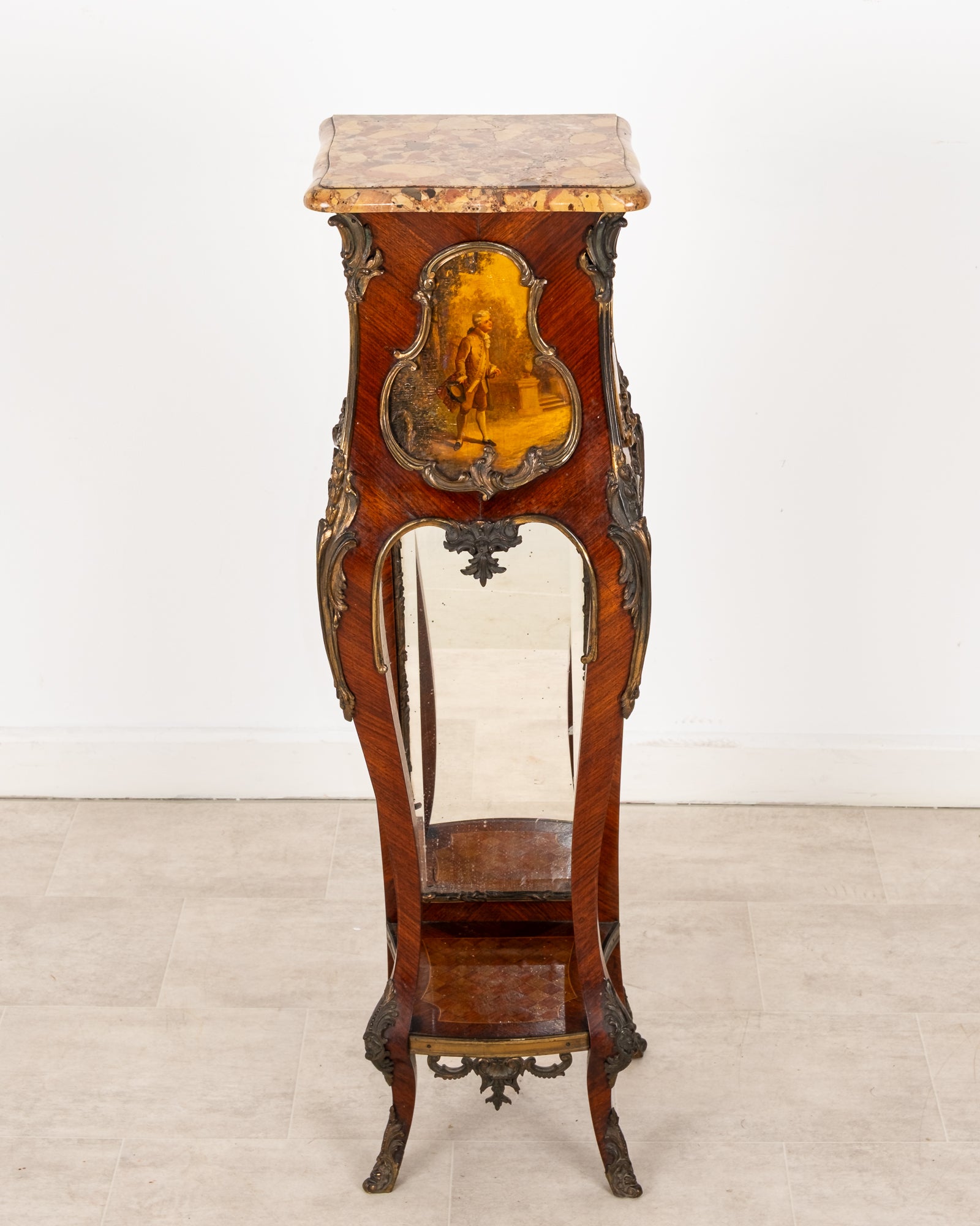 Antique French Kingwood Vernis Martin Marble Top Pedestal Stand