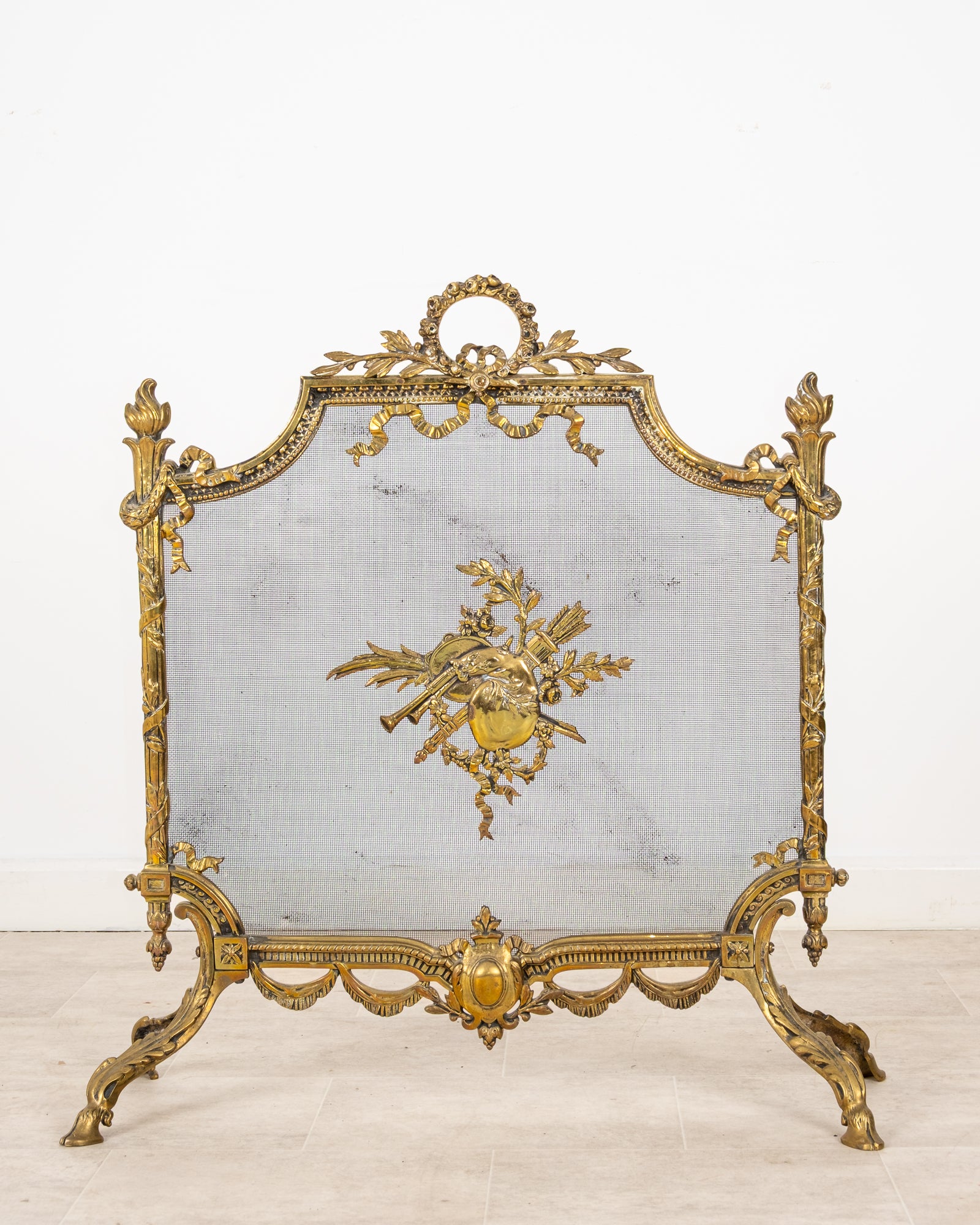 Antique French Louis XVI Style Gilt Brass Fireplace Fire Screen Guard