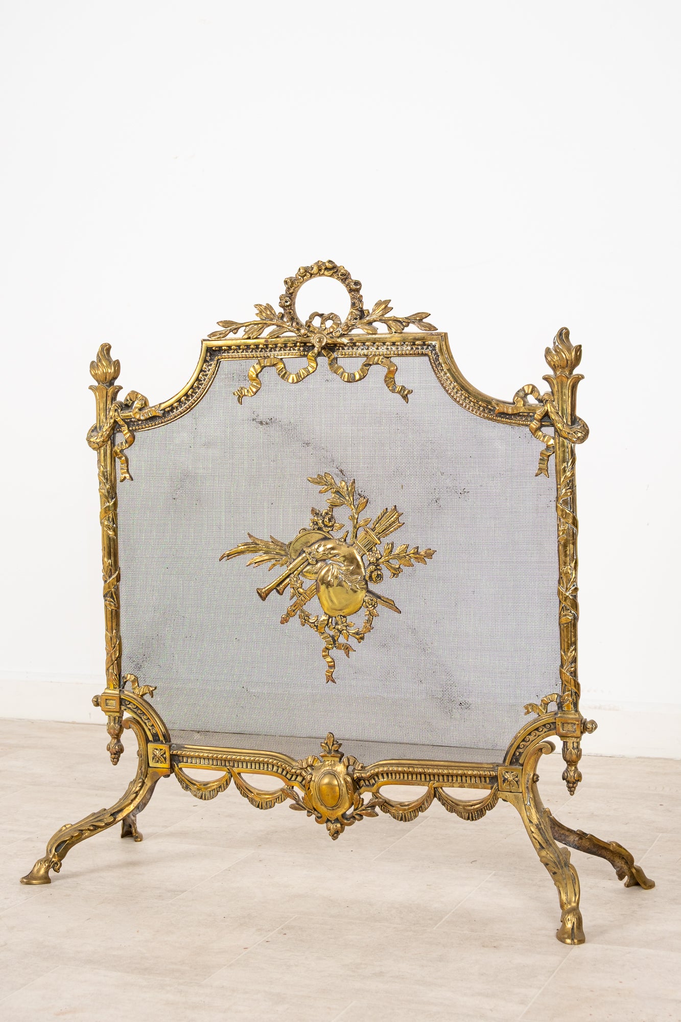 Antique French Louis XVI Style Gilt Brass Fireplace Fire Screen Guard