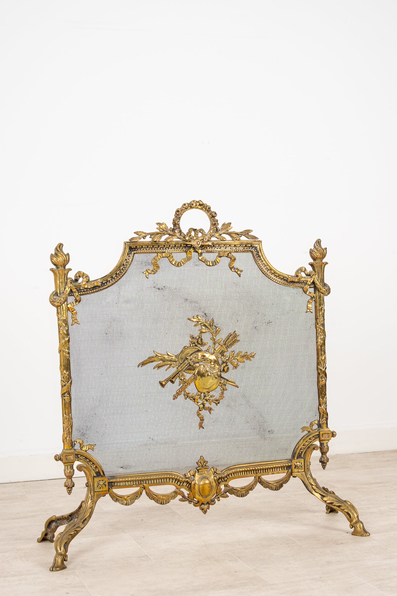 Antique French Louis XVI Style Gilt Brass Fireplace Fire Screen