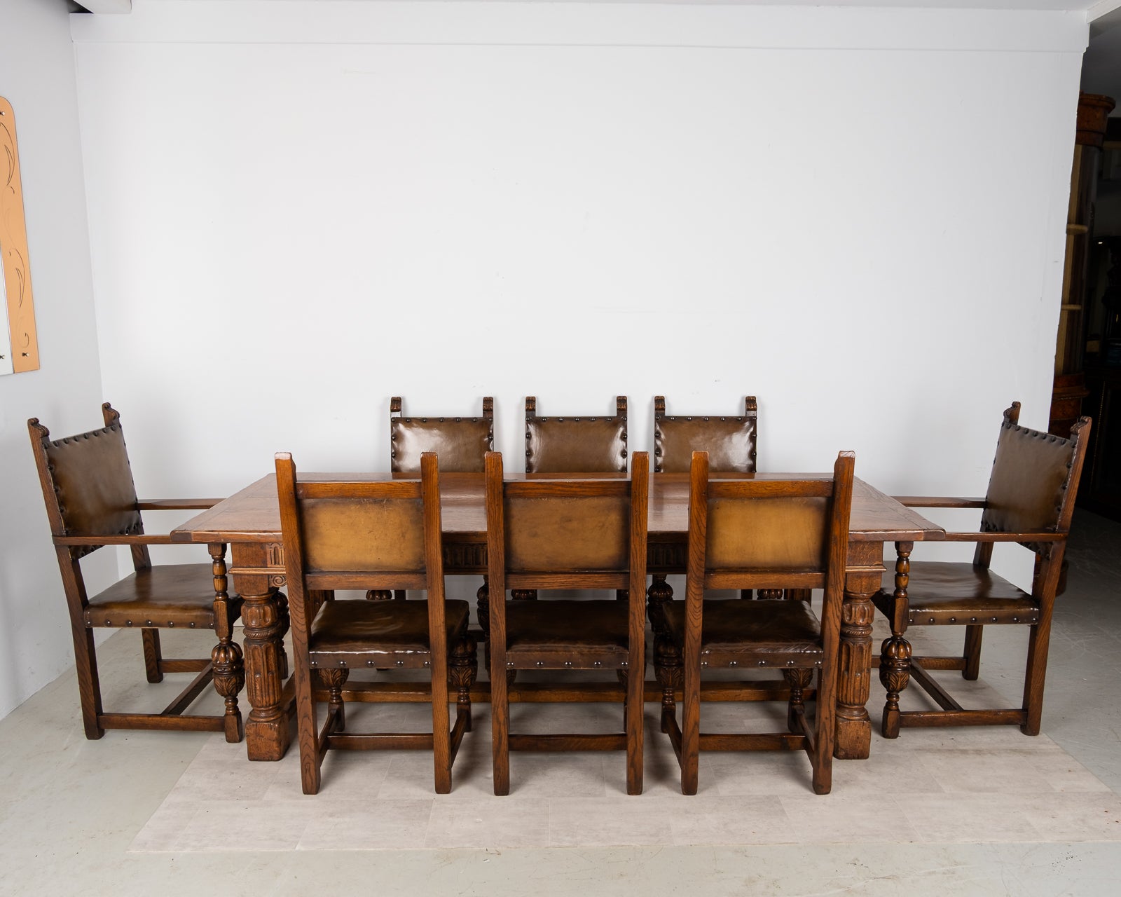 Antique Jacobean Revival Oak Refectory Dining Table & Eight Leather Dining Chairs c.1910
