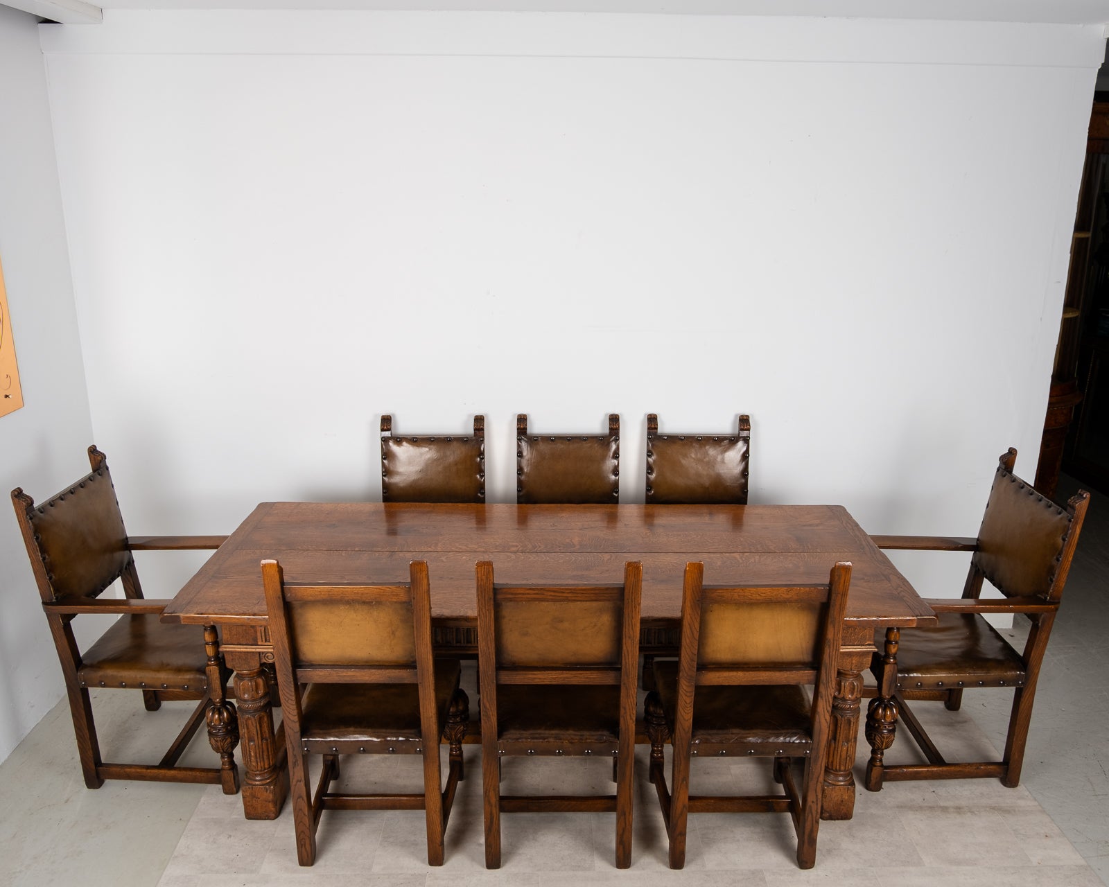 Antique Jacobean Revival Oak Refectory Dining Table & Eight Leather Dining Chairs c.1910