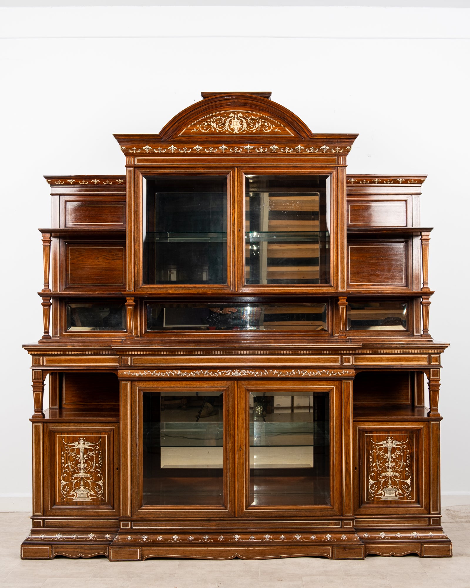Monumental Antique Victorian Rosewood Inlaid Display Cabinet Bookcase c.1880