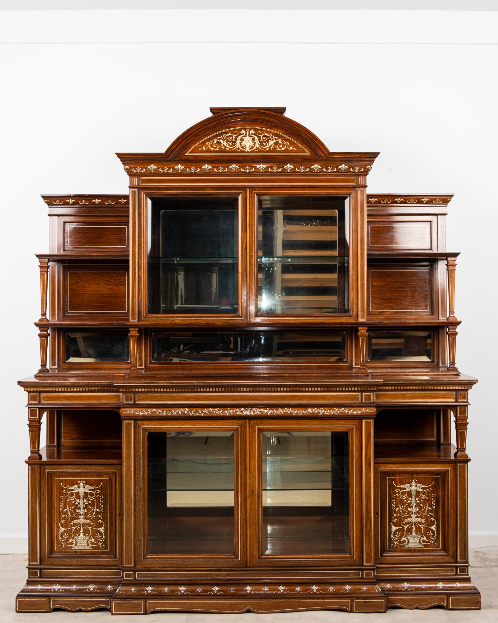 Monumental Antique Victorian Rosewood Inlaid Display Cabinet Bookcase c.1880