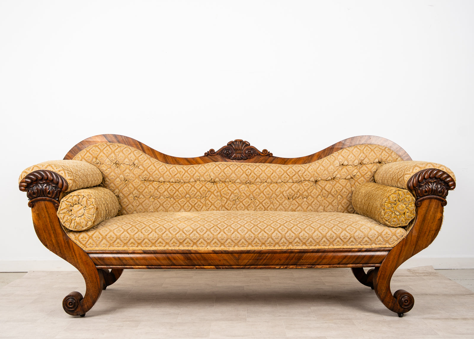 Antique Victorian Rosewood Upholstered Settee Sofa With Carved Scroll Ends c.1880