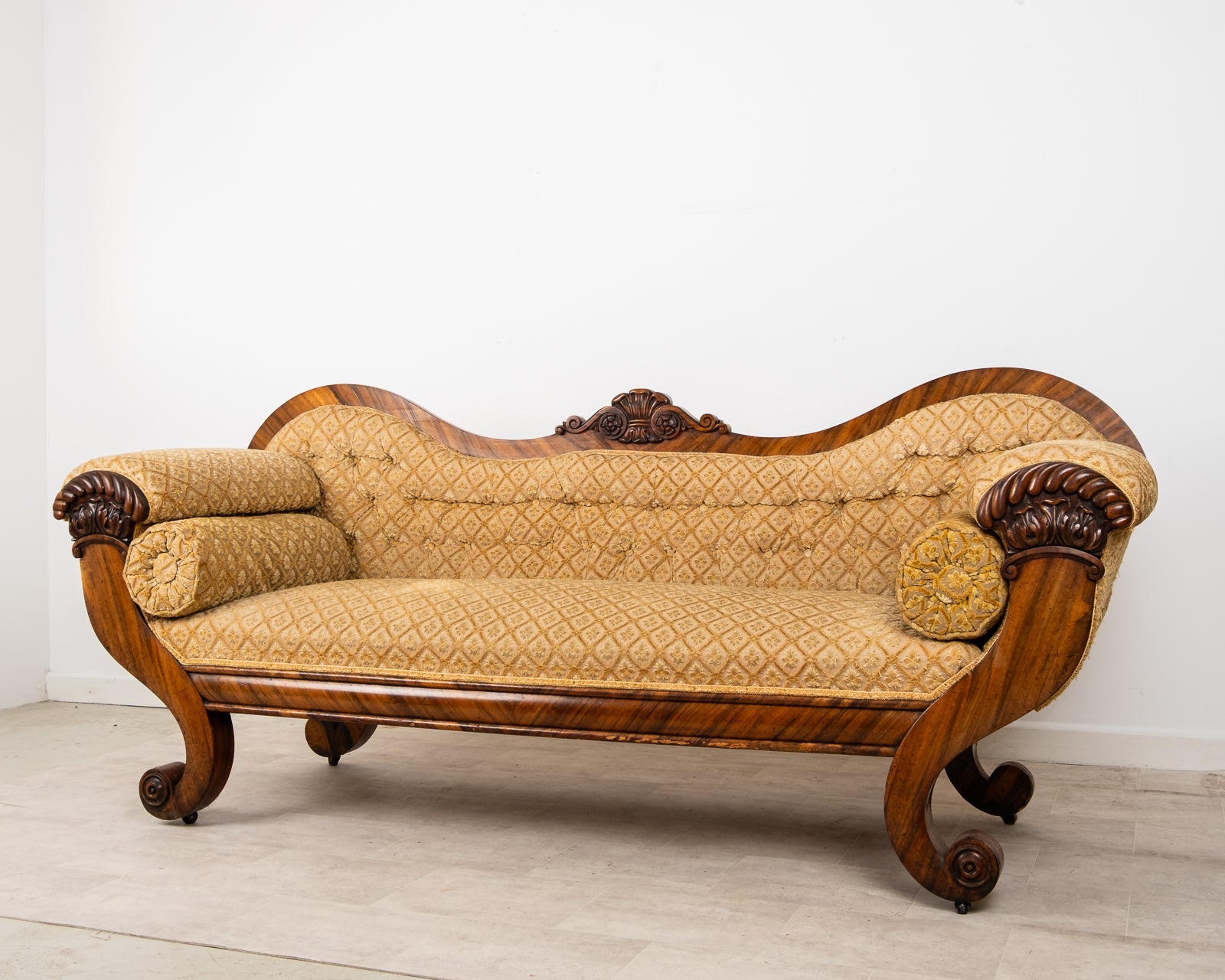 Antique Victorian Rosewood Upholstered Settee Sofa With Carved Scroll Ends c.1880