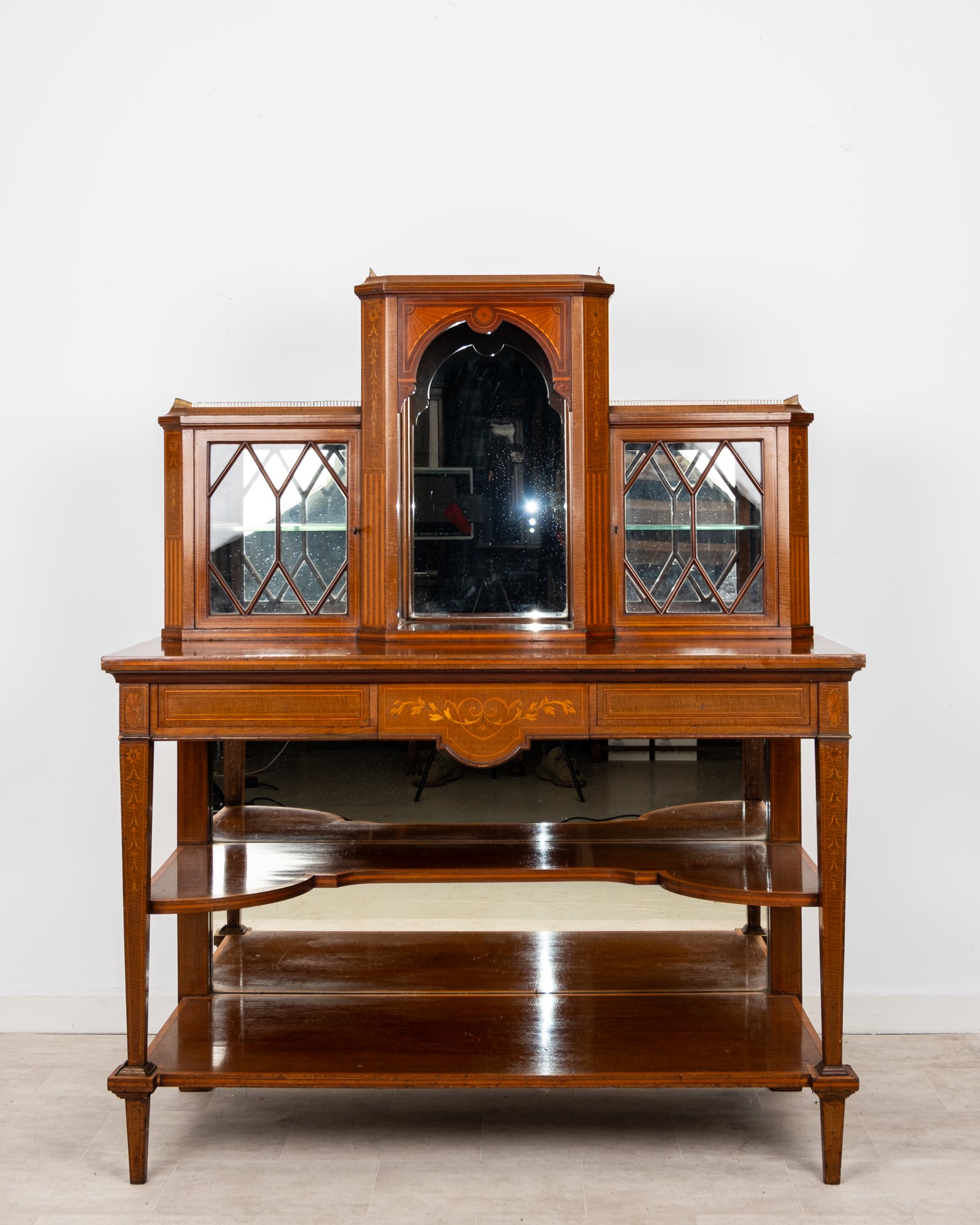 Antique Edwardian Mahogany Bonheur Du Jour Writing Desk With Glazed Display Cabinets & Satinwood Inlay c.1900