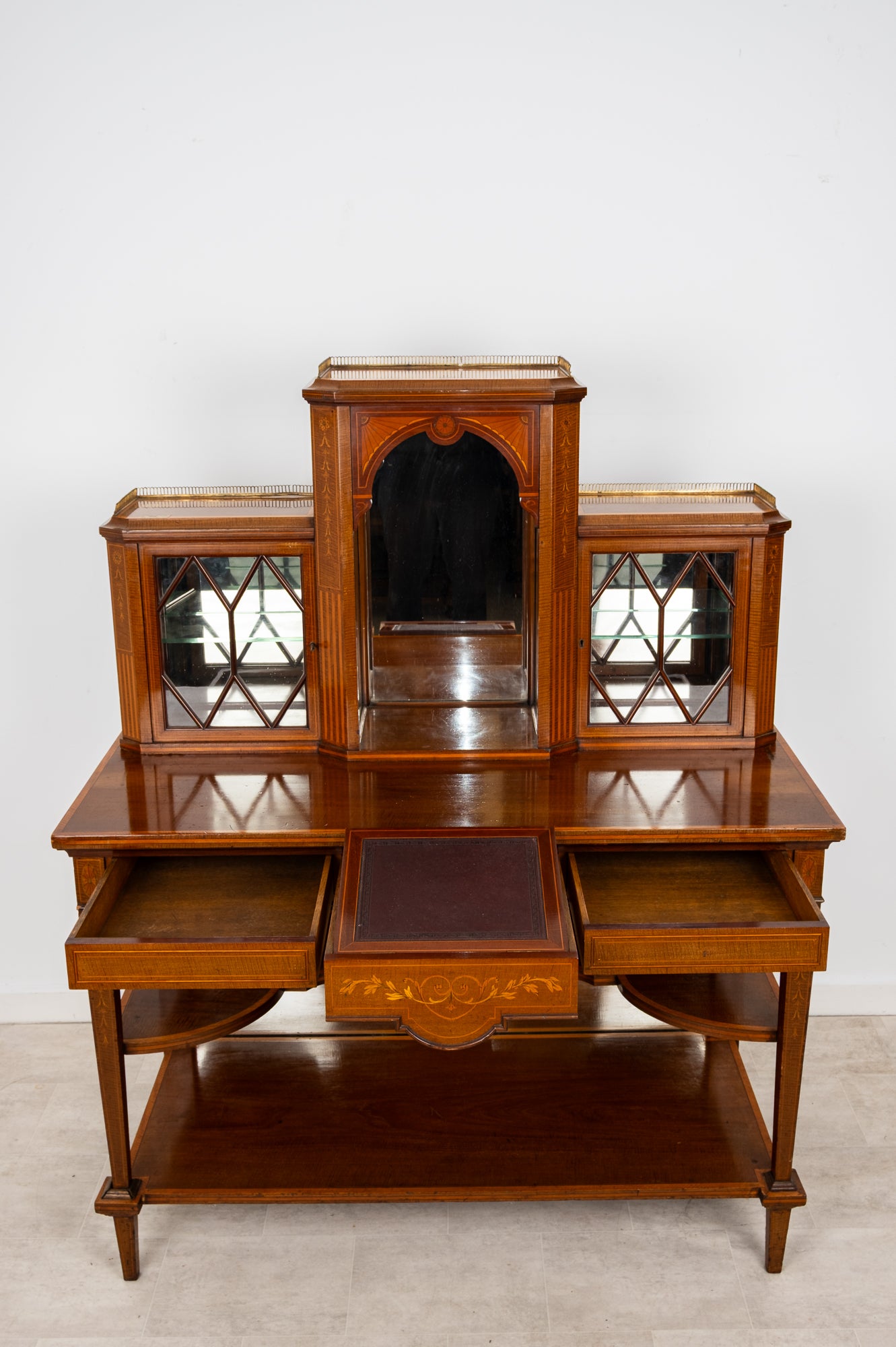 Antique Edwardian Mahogany Bonheur Du Jour Writing Desk With Glazed Display Cabinets & Satinwood Inlay c.1900