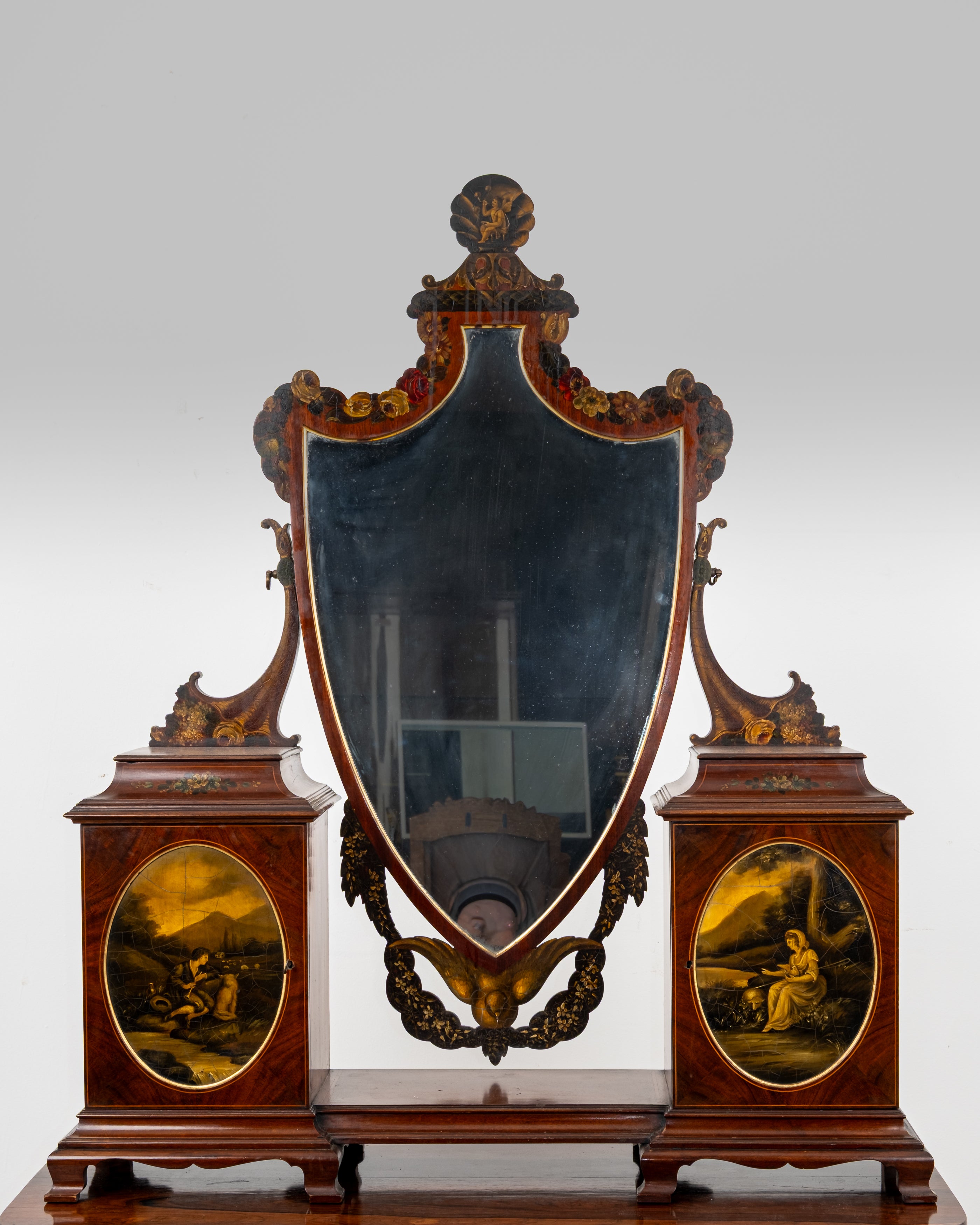 Antique Edwardian Inlaid Mahogany Table Top Cheval Mirror & Jewellery Cabinet c.1900