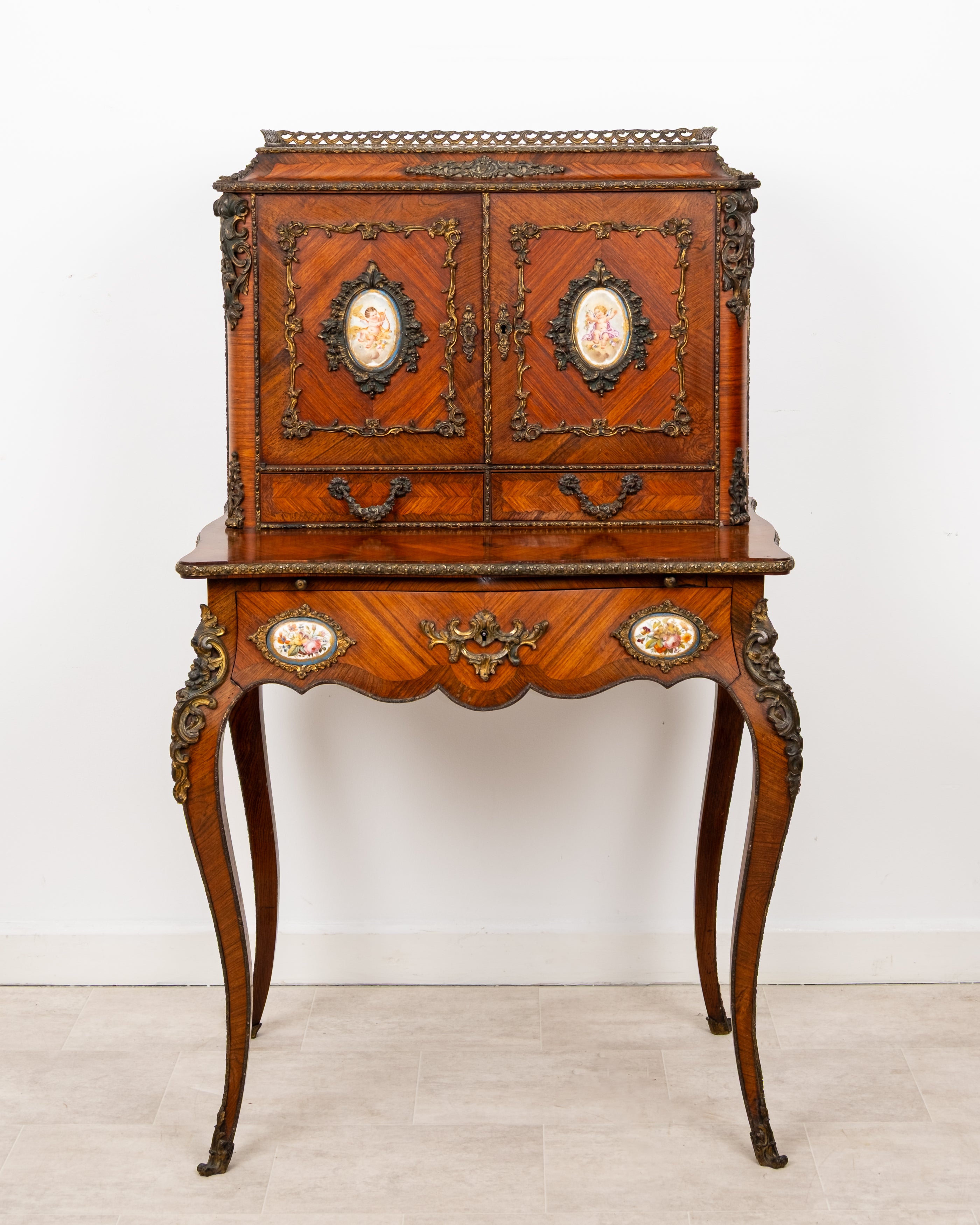 Antique French Kingwood Bonheur Du Jour Writing Desk With Ormolu Mounts & Porcelain Plaques c.1880