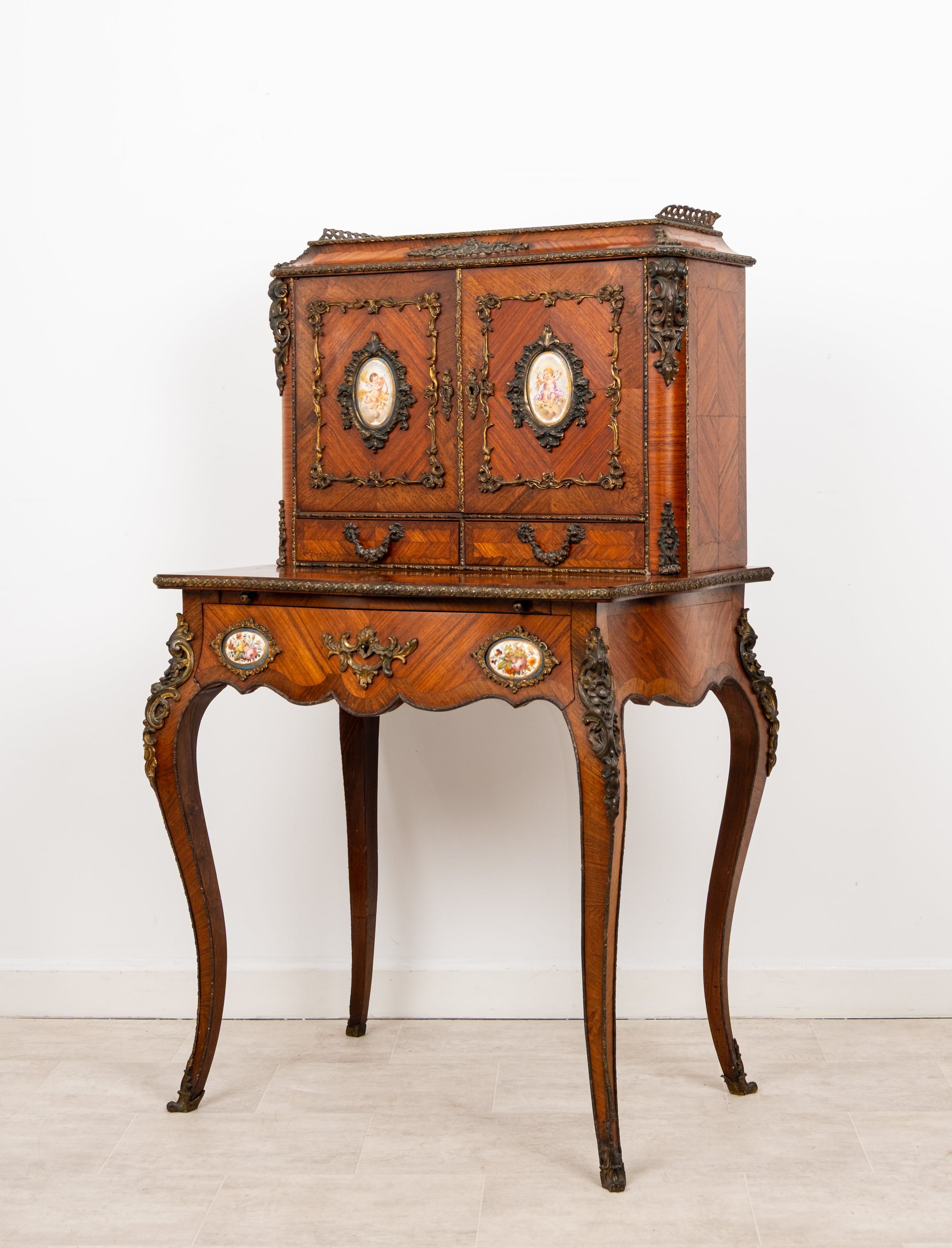 Antique French Kingwood Bonheur Du Jour Writing Desk With Ormolu Mounts & Porcelain Plaques c.1880