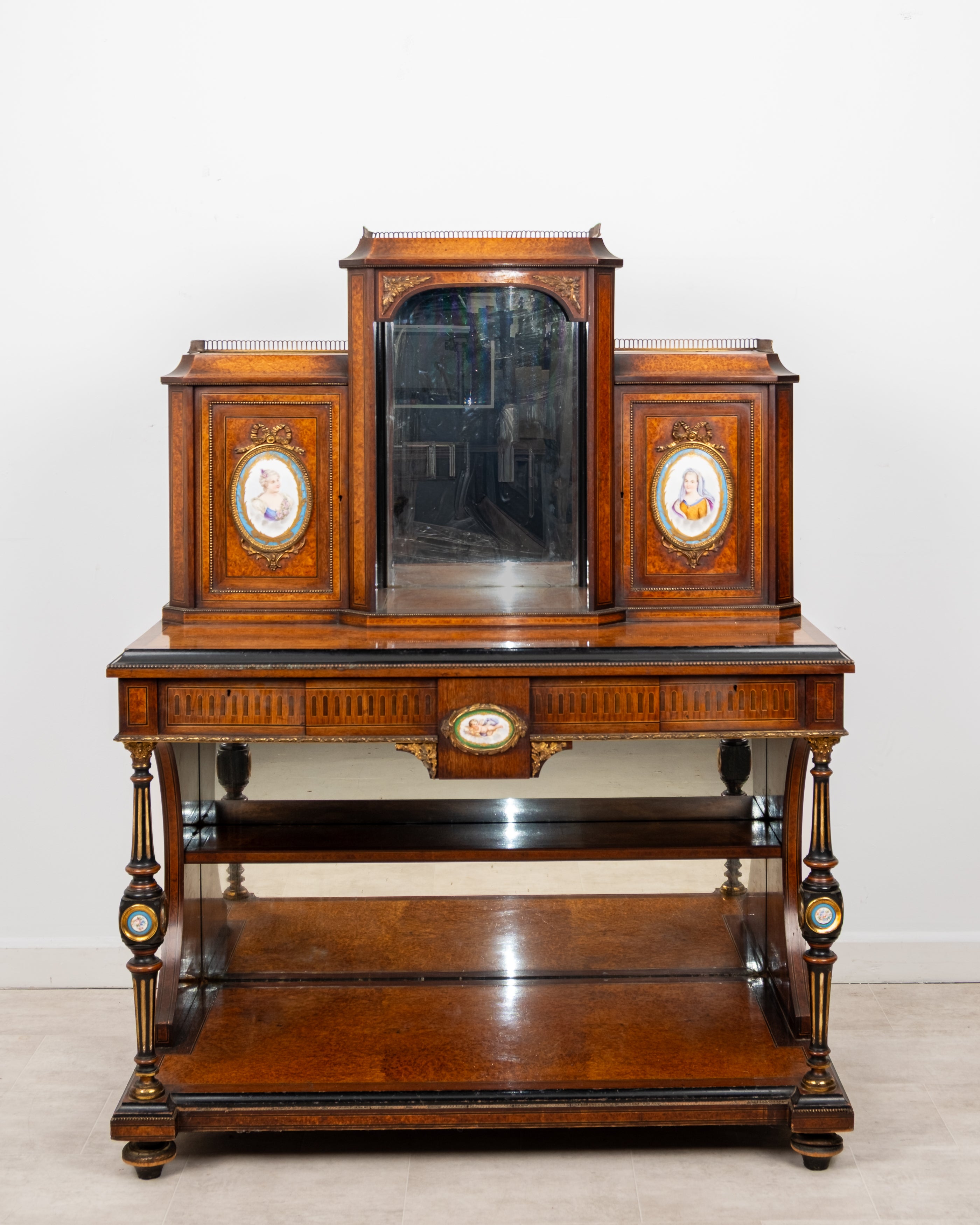 Exceptional Antique French Amboyna & Ebonised Bonheur Du Jour Writing Desk With Porcelain Plaques c.1880