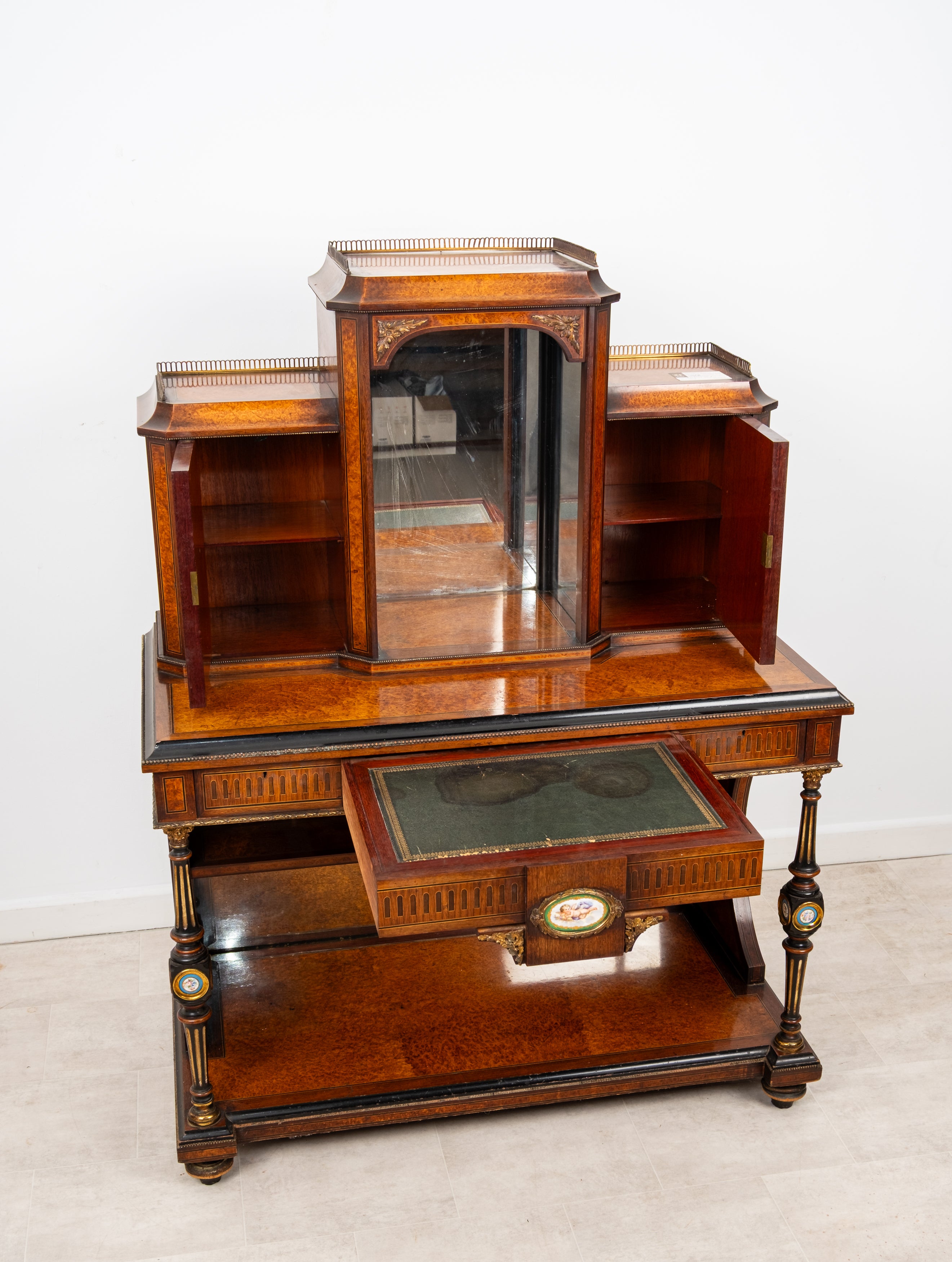 Exceptional Antique French Amboyna & Ebonised Bonheur Du Jour Writing Desk With Porcelain Plaques c.1880