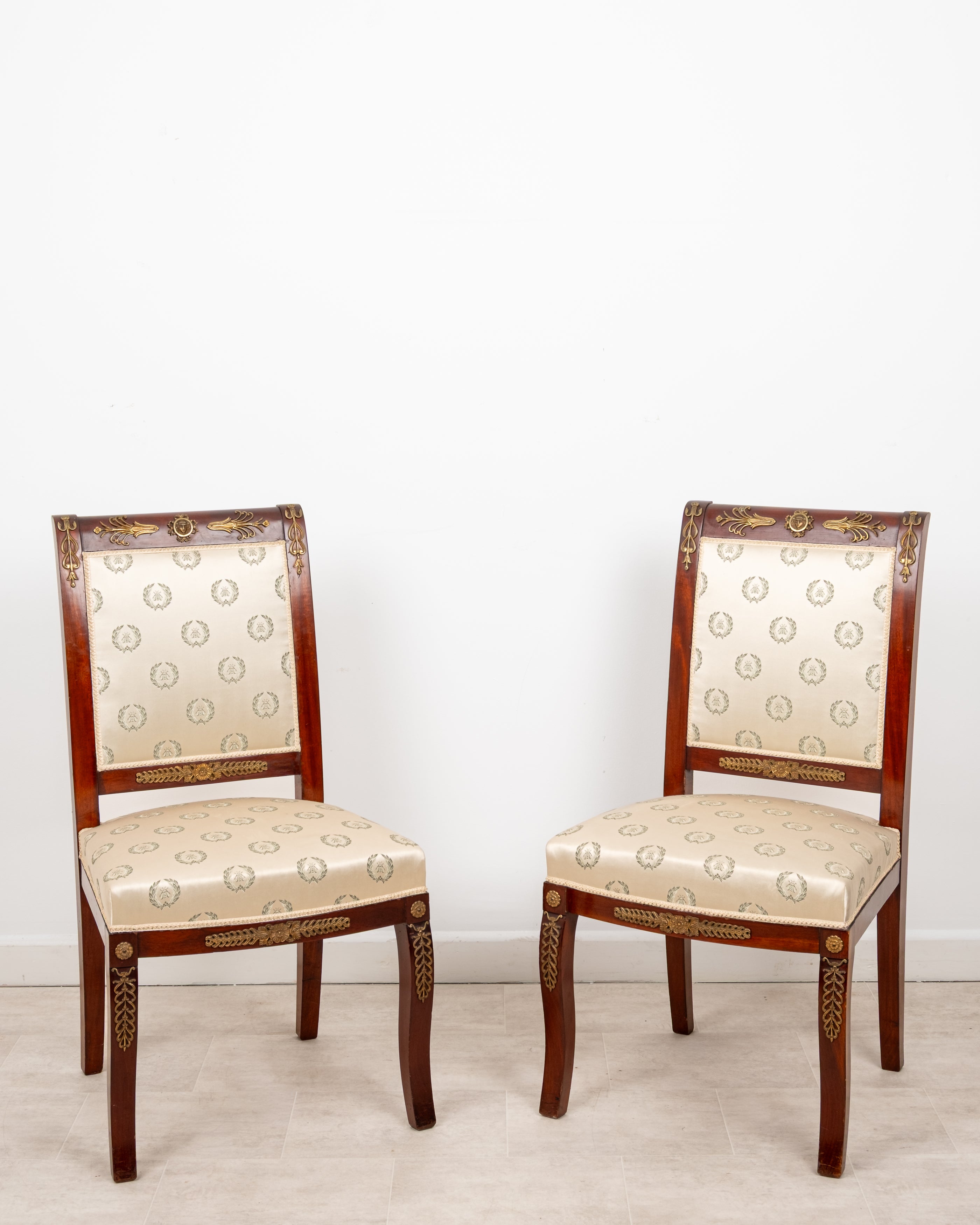Pair Of Antique French Empire Revival Mahogany Side Chairs With Ormolu Mounts c.1880