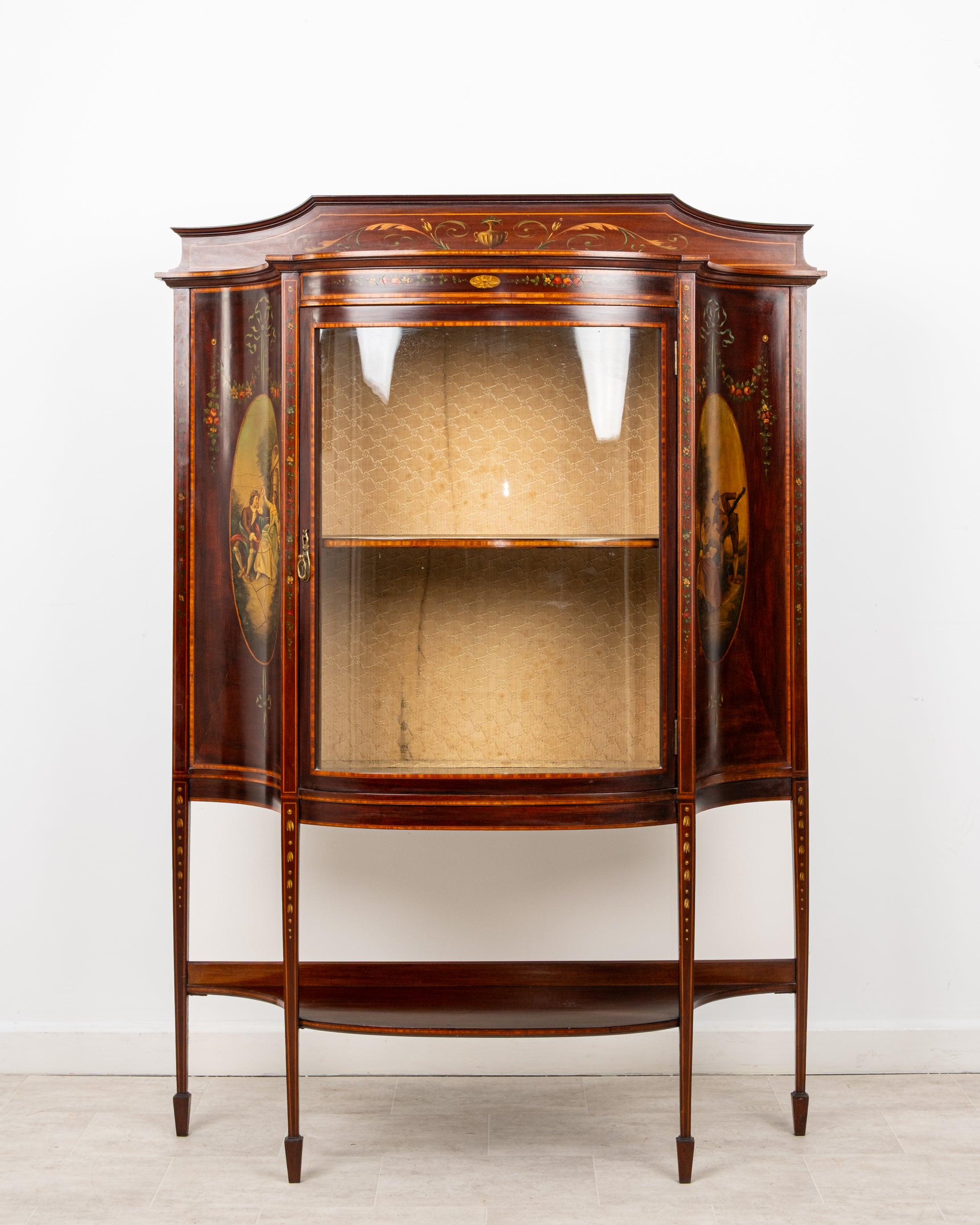 Antique Edwardian Mahogany Bow Front Display Cabinet With Hand Painted Panels c.1900