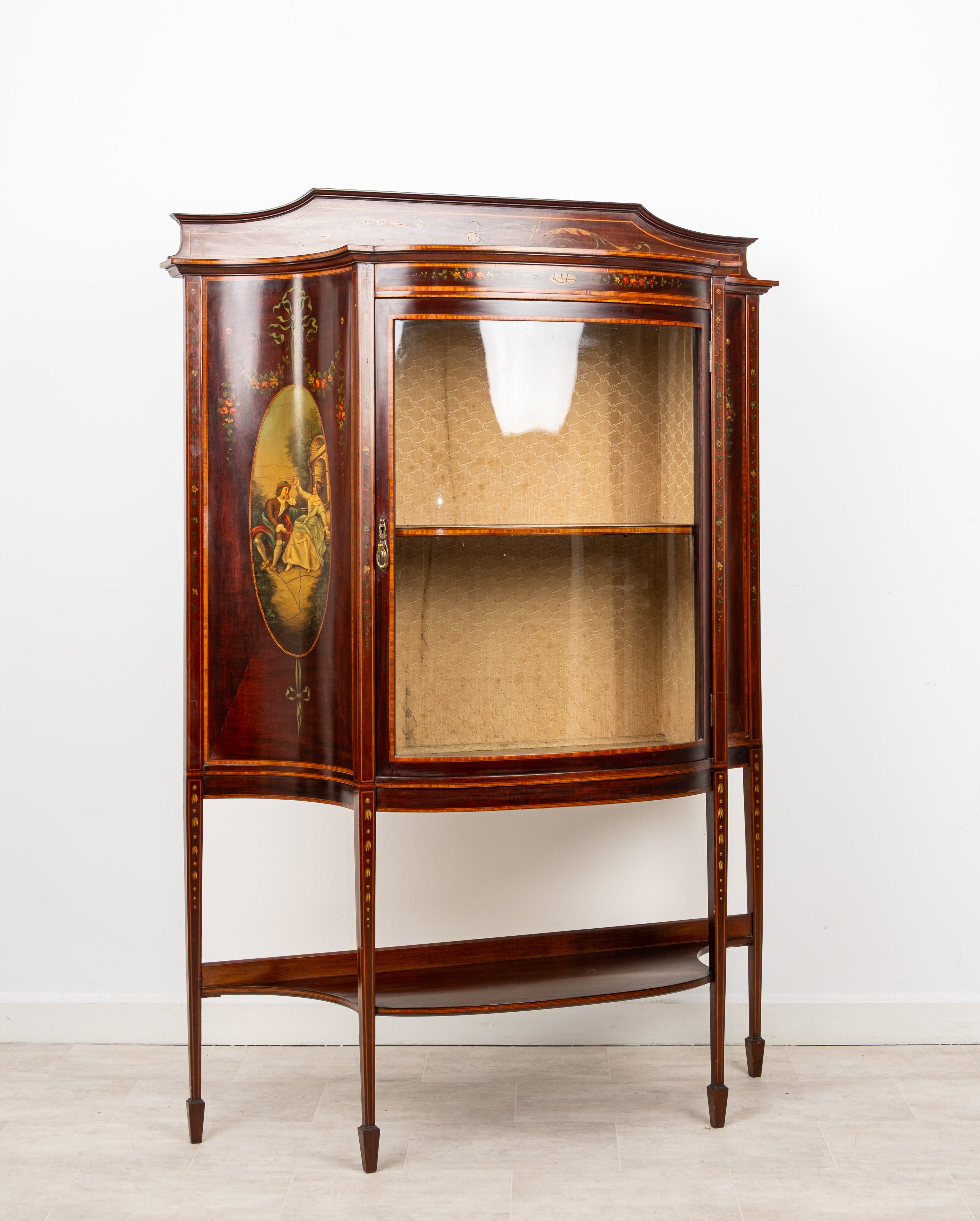 Antique Edwardian Mahogany Bow Front Display Cabinet With Hand Painted Panels c.1900