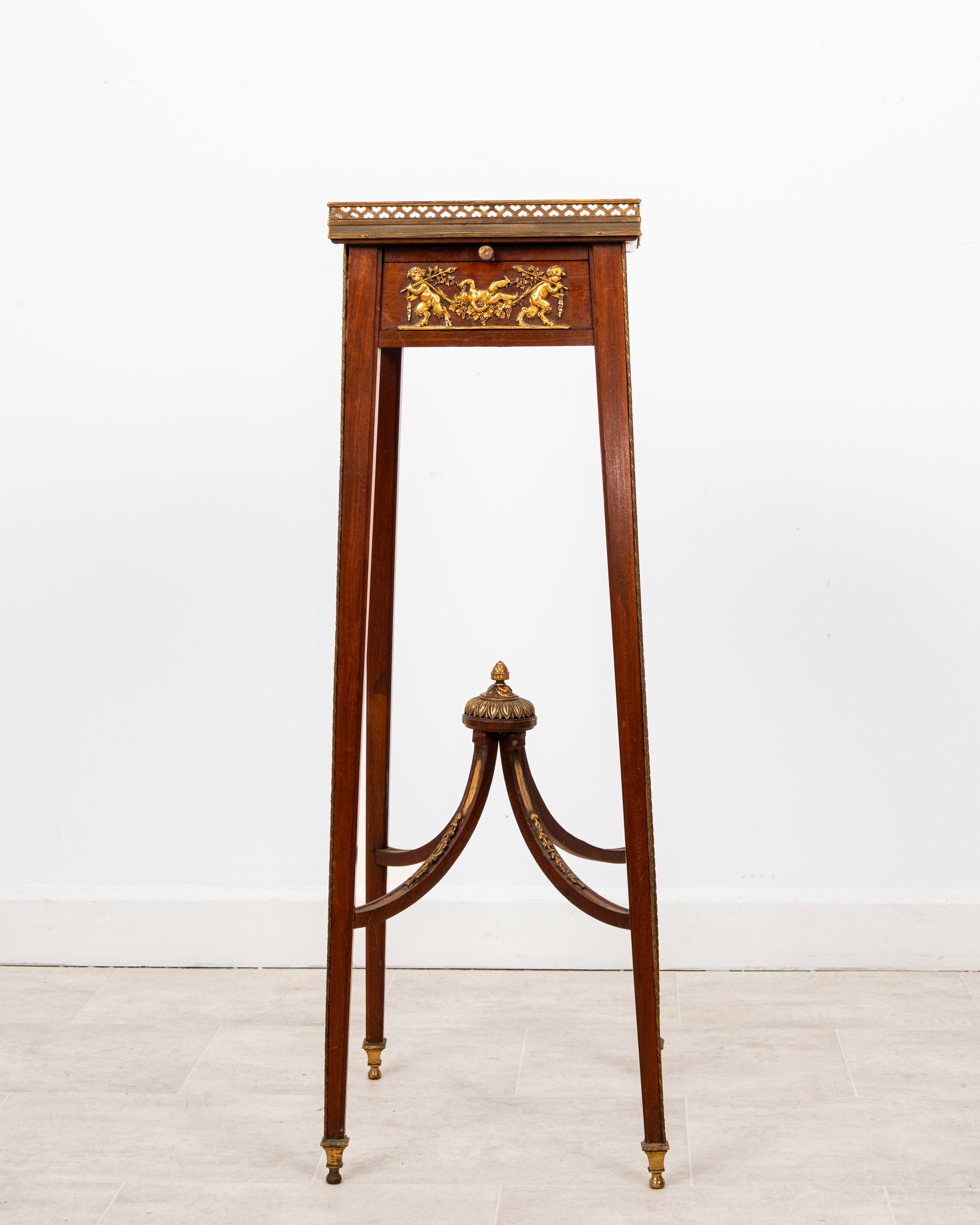 Antique French Louis XIV Style Mahogany Side Table In The Manner Of François Linke With Rouge Marble Top