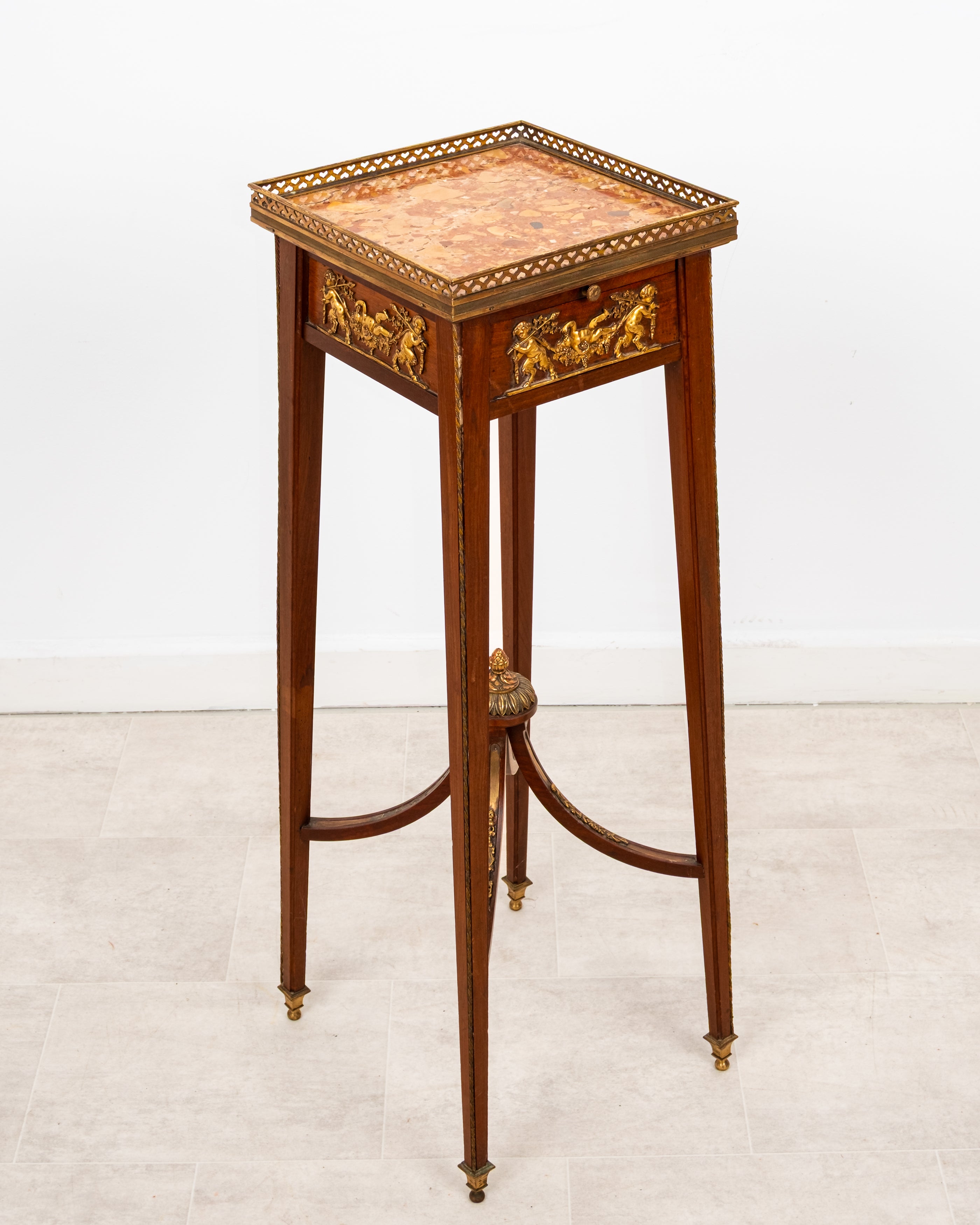 Antique French Louis XIV Style Mahogany Side Table In The Manner Of François Linke With Rouge Marble Top