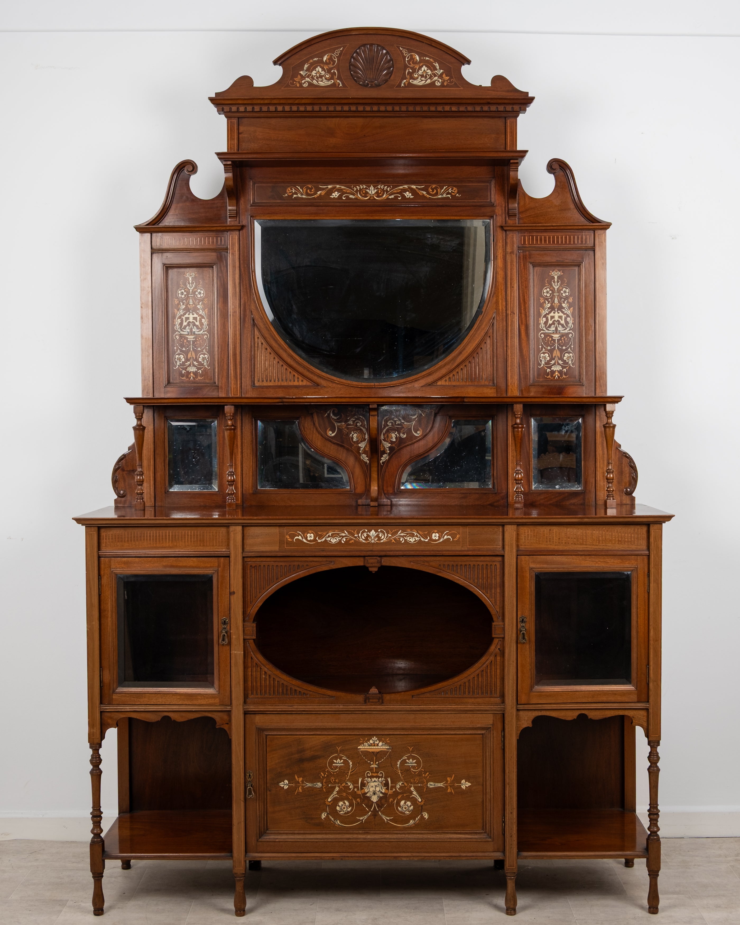 Antique Victorian mahogany inlaid chiffonier cabinet with bevelled mirror and glazed cupboards c.1890