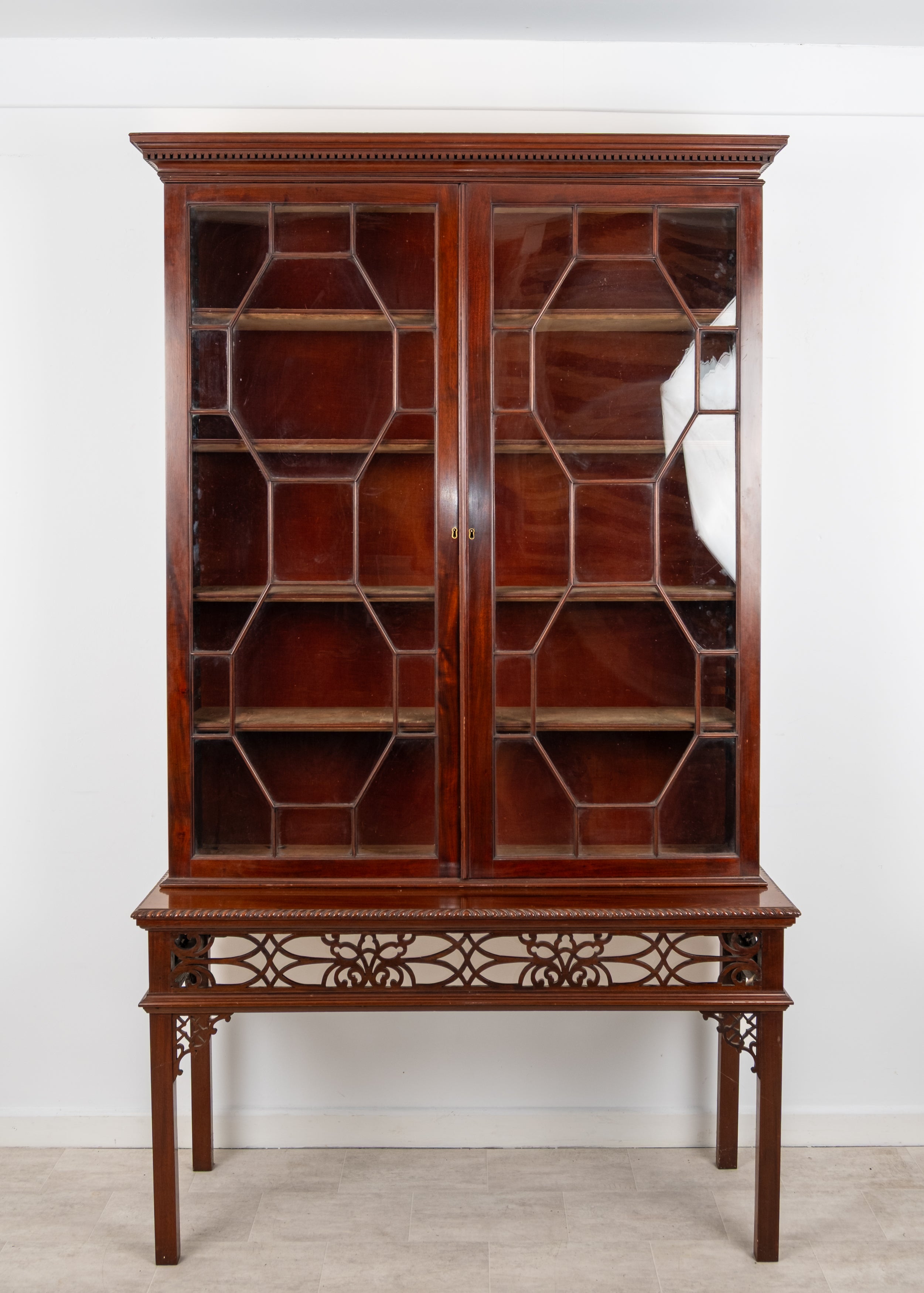 Antique Carved Mahogany Astragal Glazed Bookcase On Stand c.1880