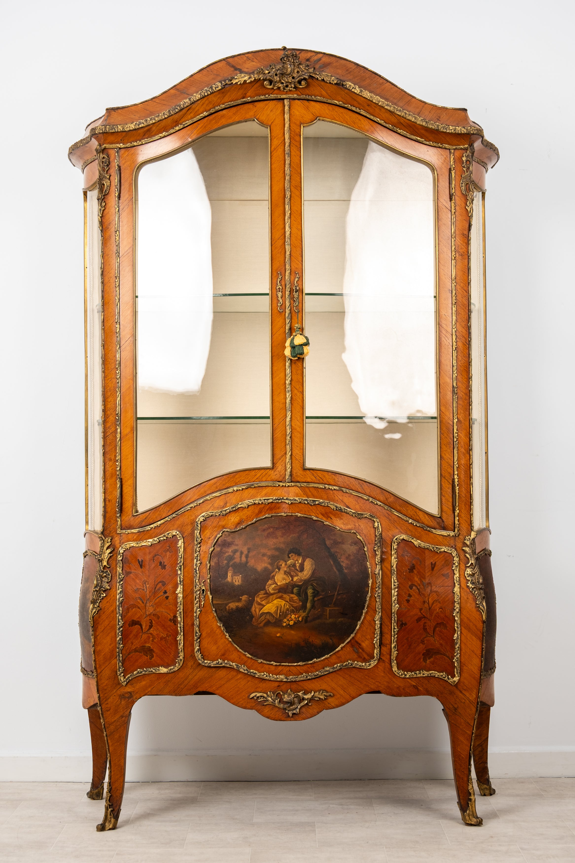Antique French kingwood Vernis Martin display cabinet with ormolu mounts and hand painted panels c1880
