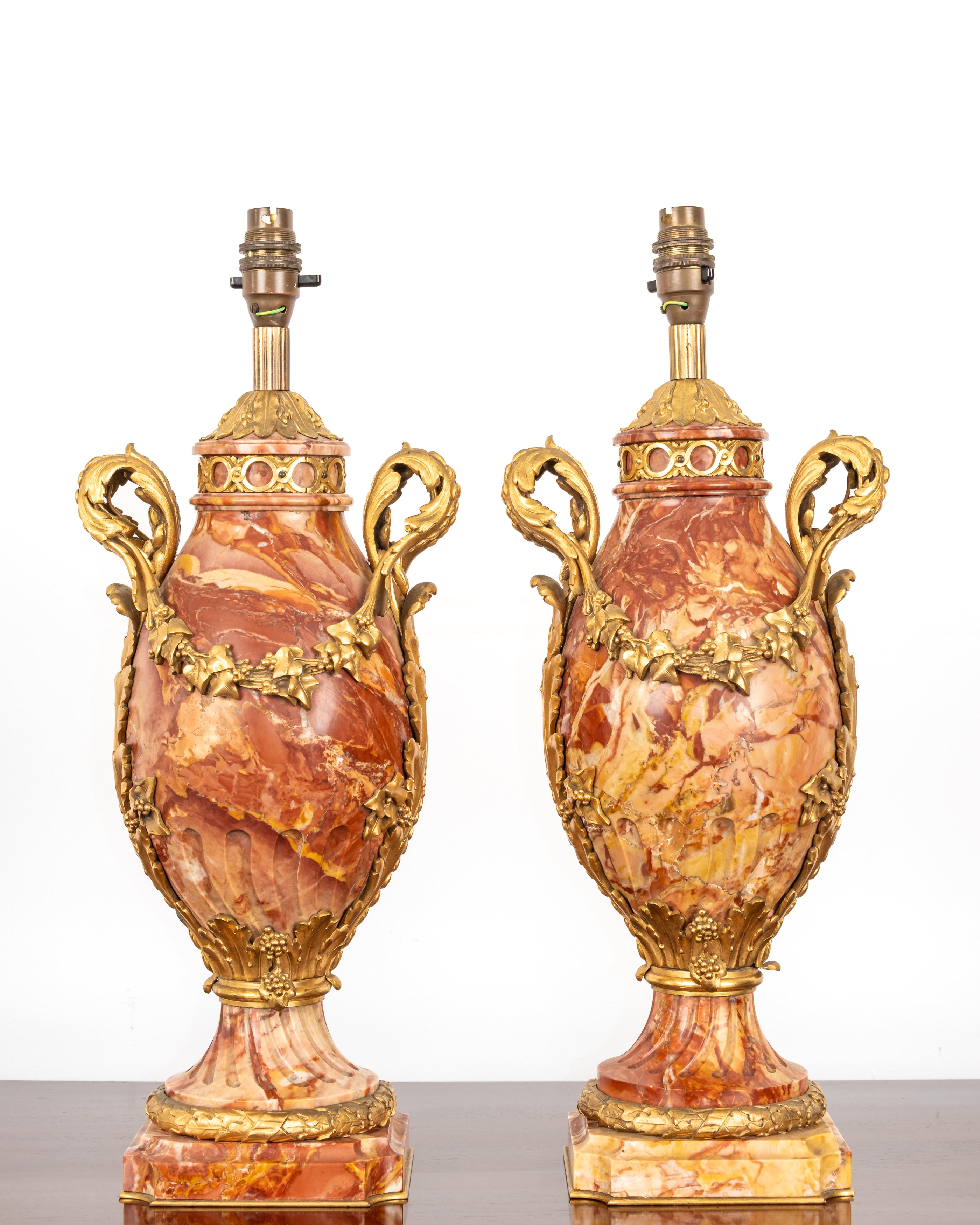 Pair of antique French Rouge Royal marble and gilt bronze urn lamps c1880