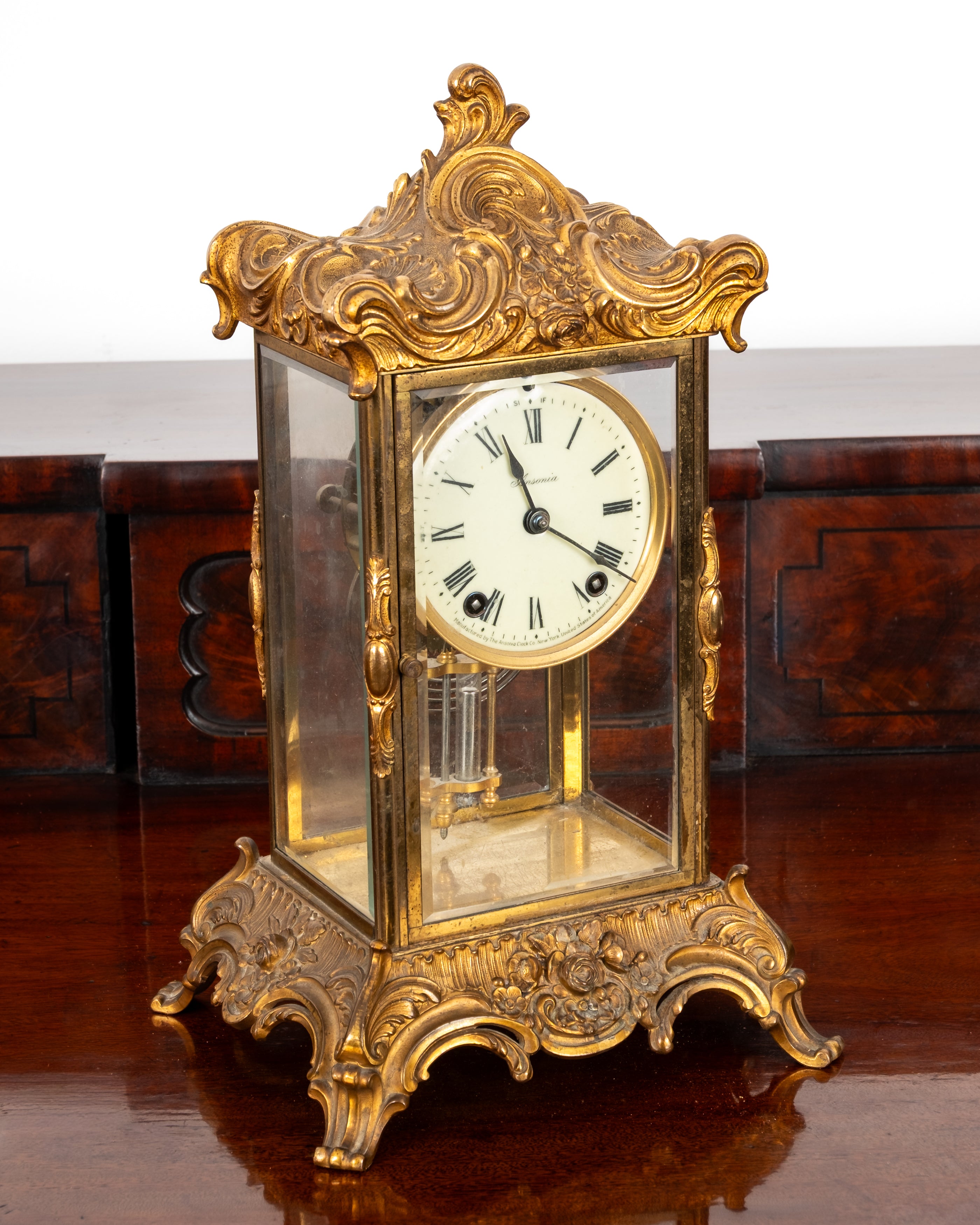 Antique Ansonia New York gilt bronze crystal regulator mantel clock c.1880 with Rococo Revival case