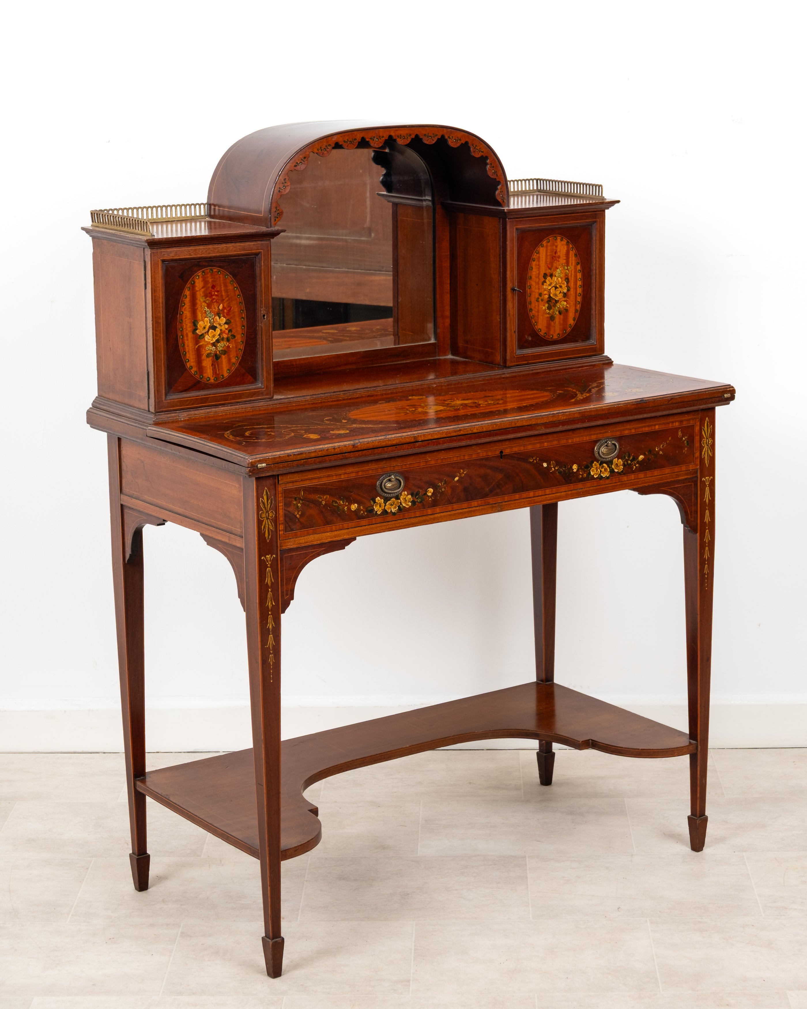Antique Edwardian mahogany and satinwood painted writing desk dressing table c.1905 with mirror and floral decoration