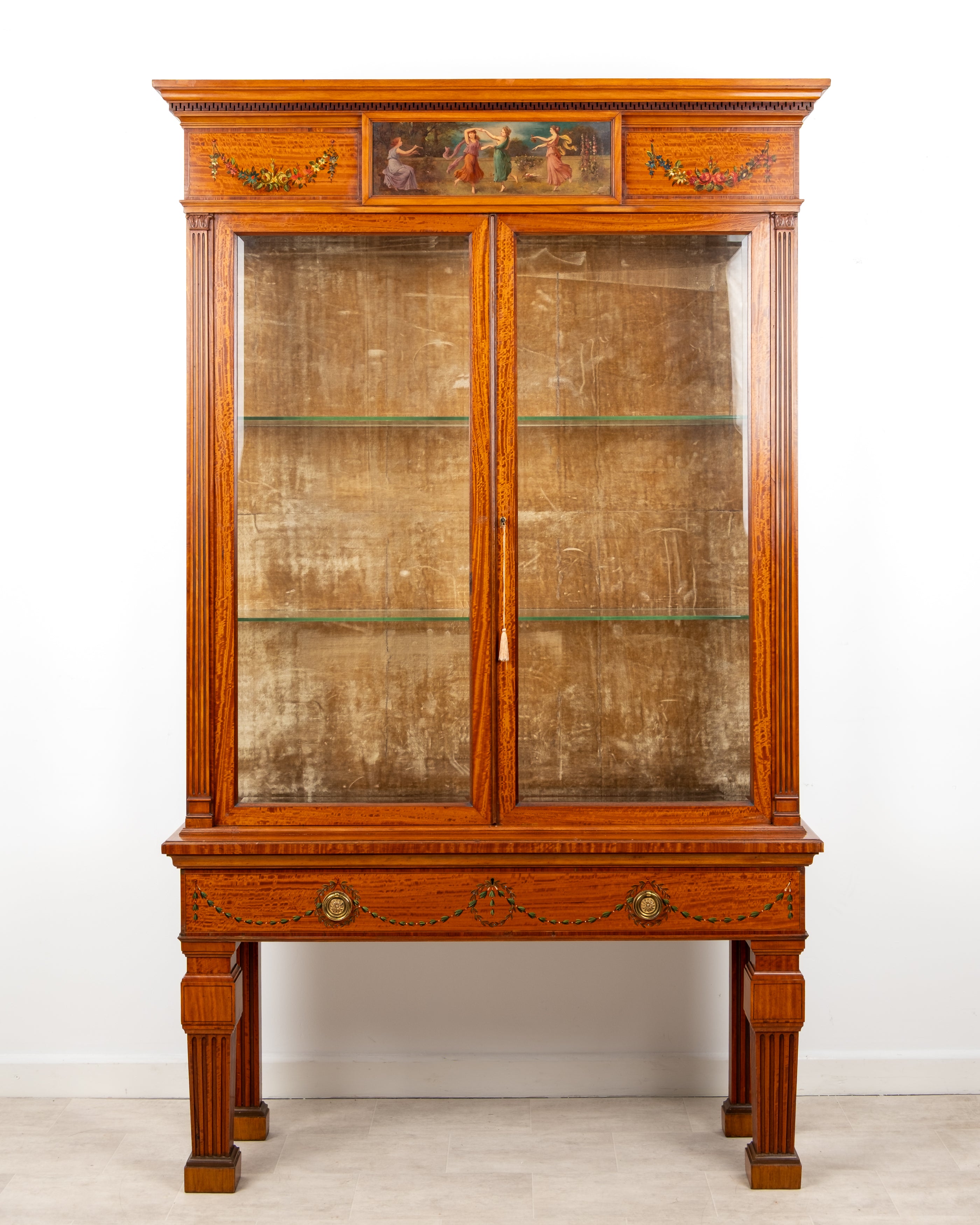 Antique Edwardian Satinwood Painted Display Cabinet On Stand By Hampton & Sons c.1900