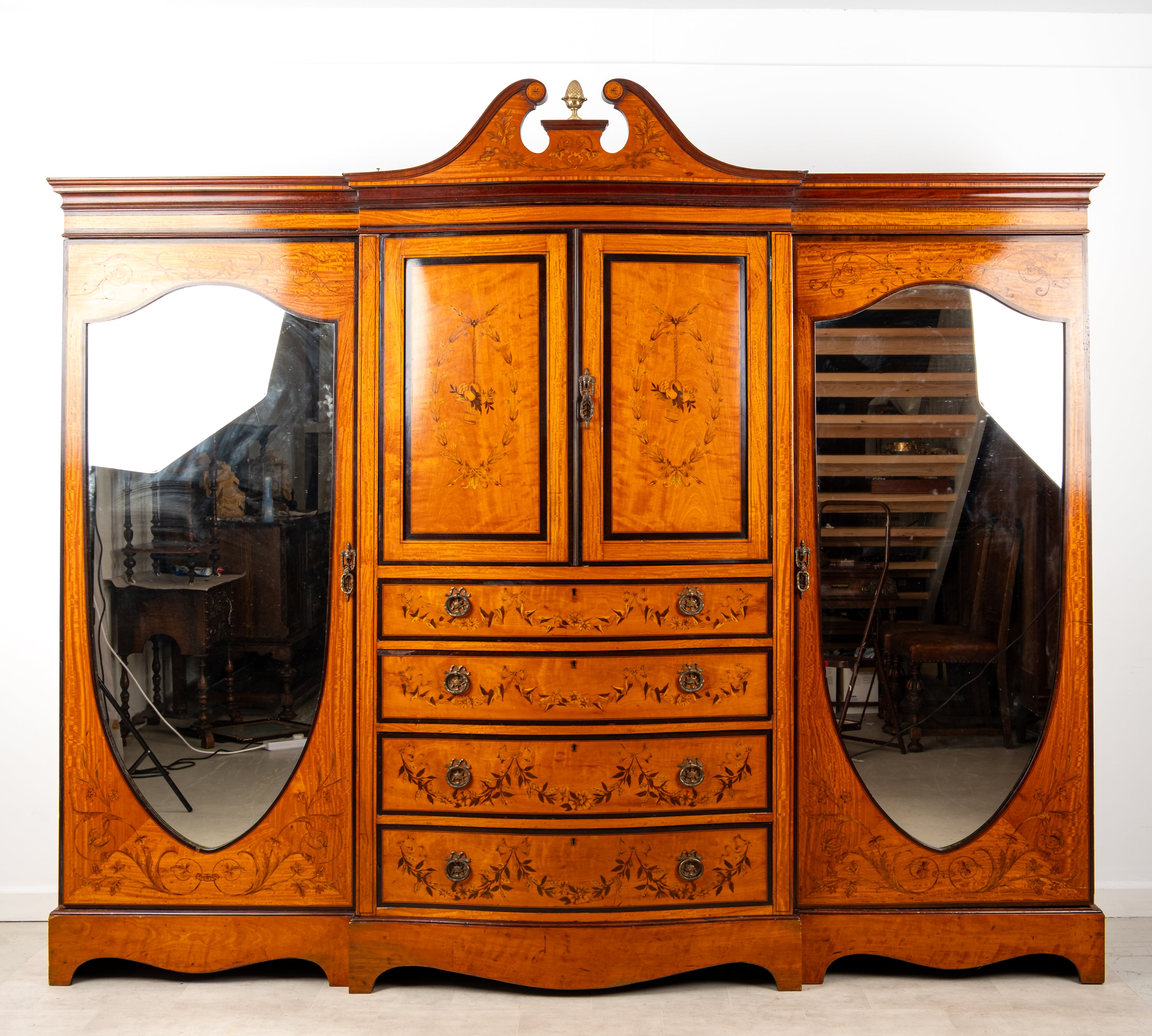 Antique Satinwood Inlaid Compactum Wardrobe by Maple & Co. With Mirrored Doors & Drawers c.1900