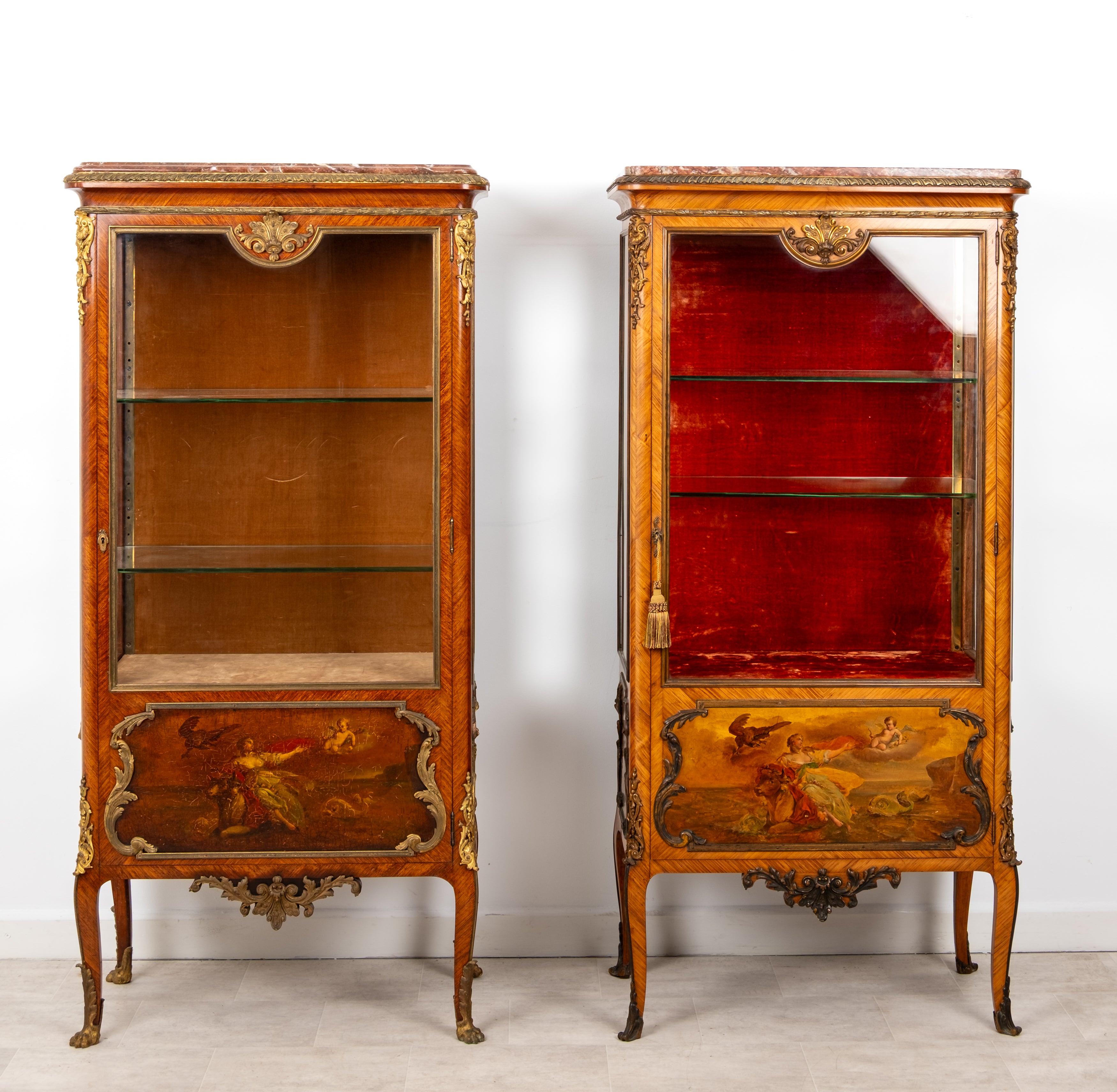 Exceptional Matched Pair Antique French Kingwood Vernis Martin Vitrine Display Cabinets With Marble Tops & Ormolu Mounts c.1880