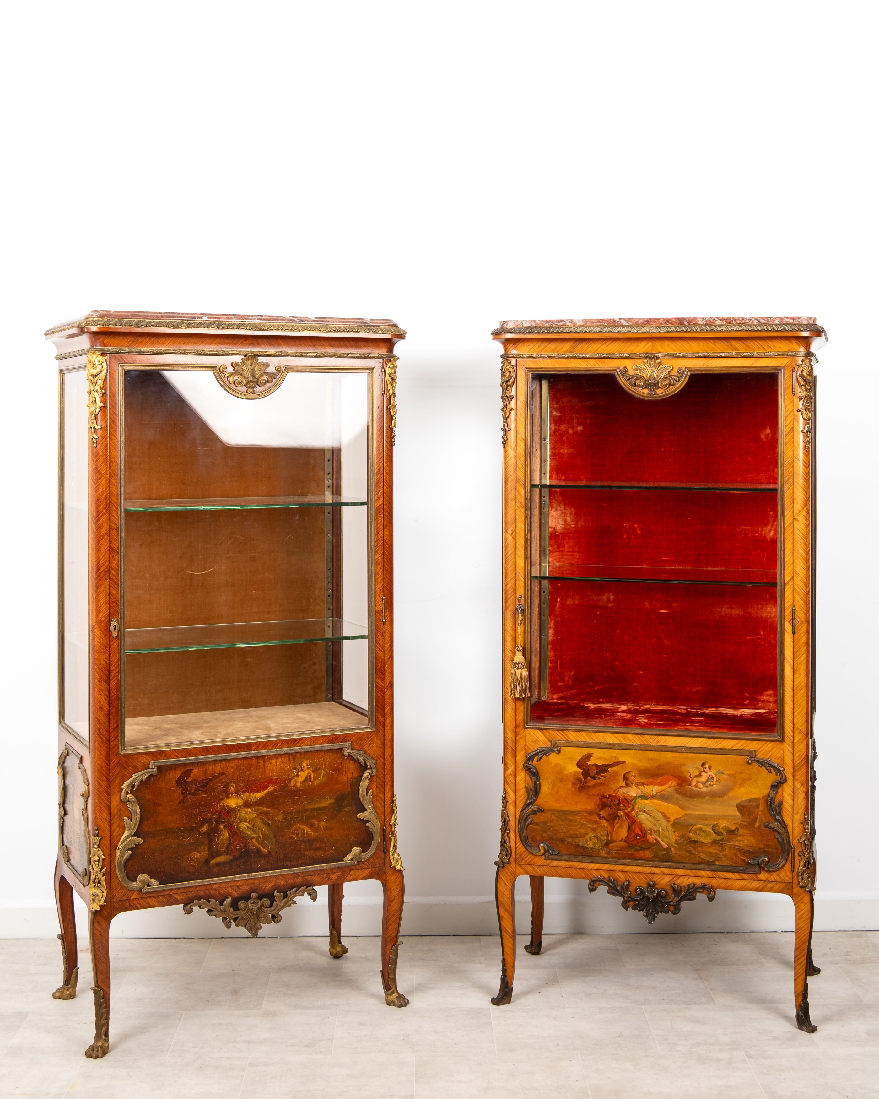 Matched pair antique French kingwood Vernis Martin vitrine display cabinets with marble tops and ormolu mounts circa 1880