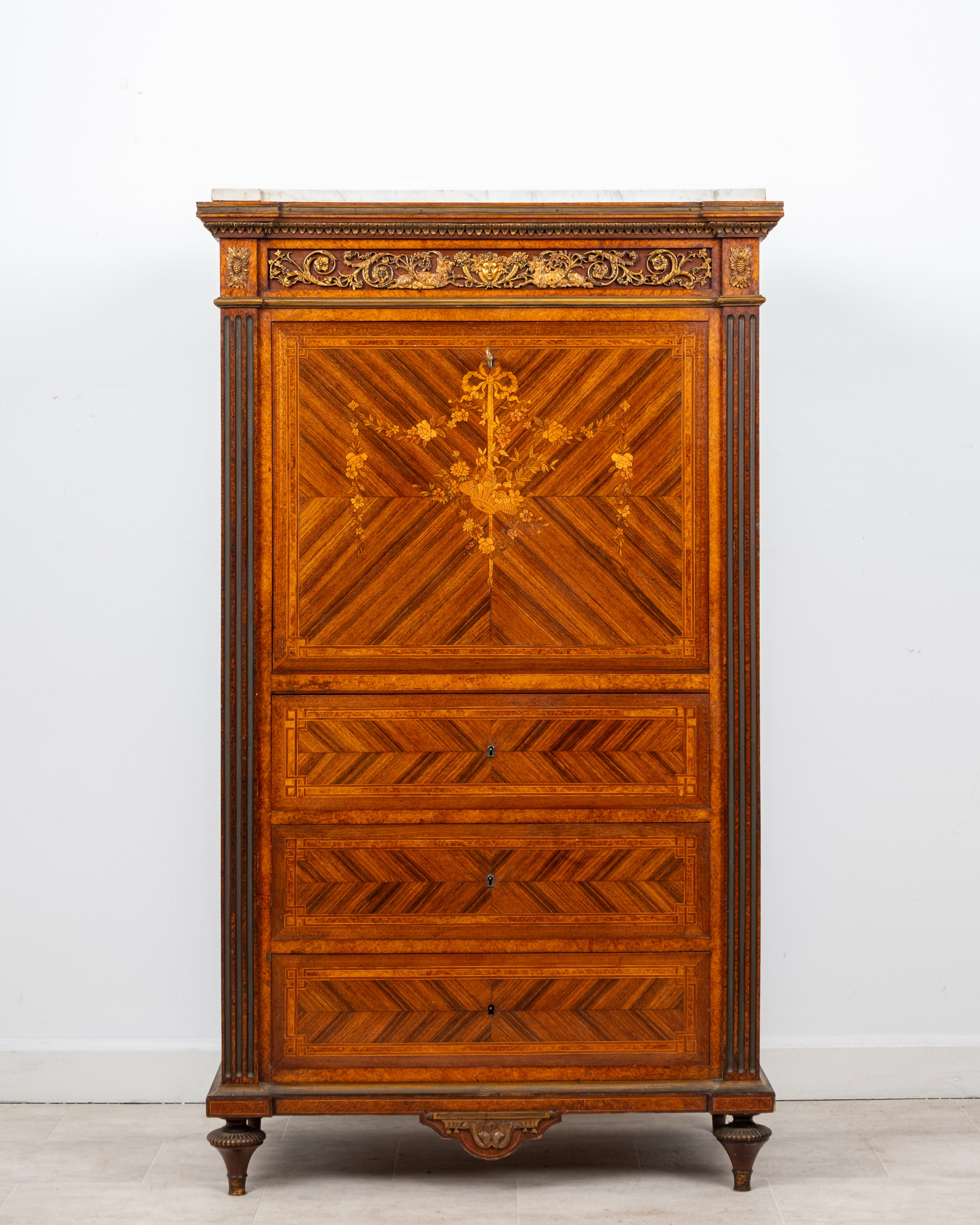 Antique French parquetry secrétaire abattant writing desk with marble top and gilt bronze mounts circa 1880