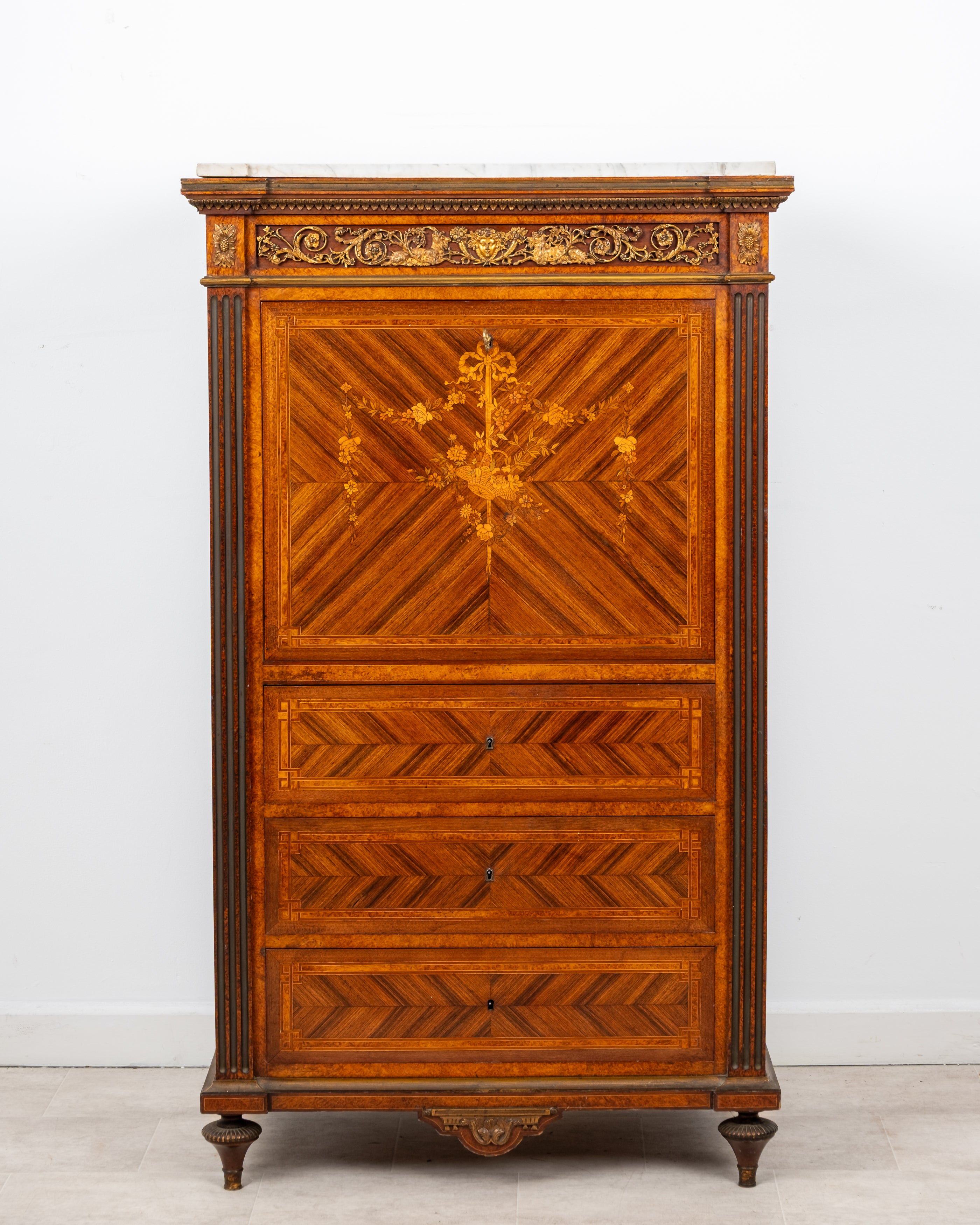Antique French Parquetry Secrétaire Abattant Writing Desk With Marble Top & Gilt Bronze Mounts c.1880