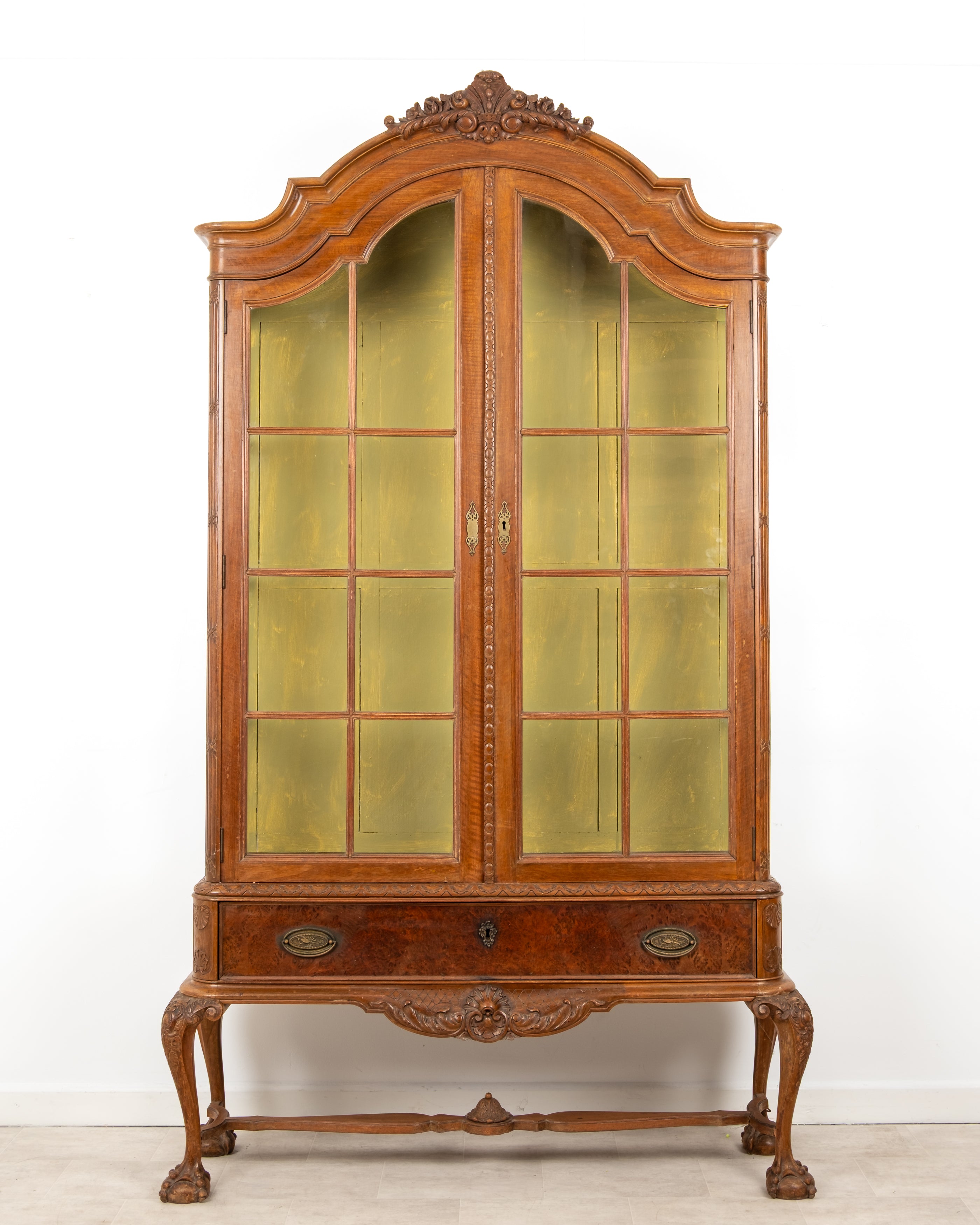 Antique Queen Anne Revival walnut glazed display cabinet bookcase circa 1900
