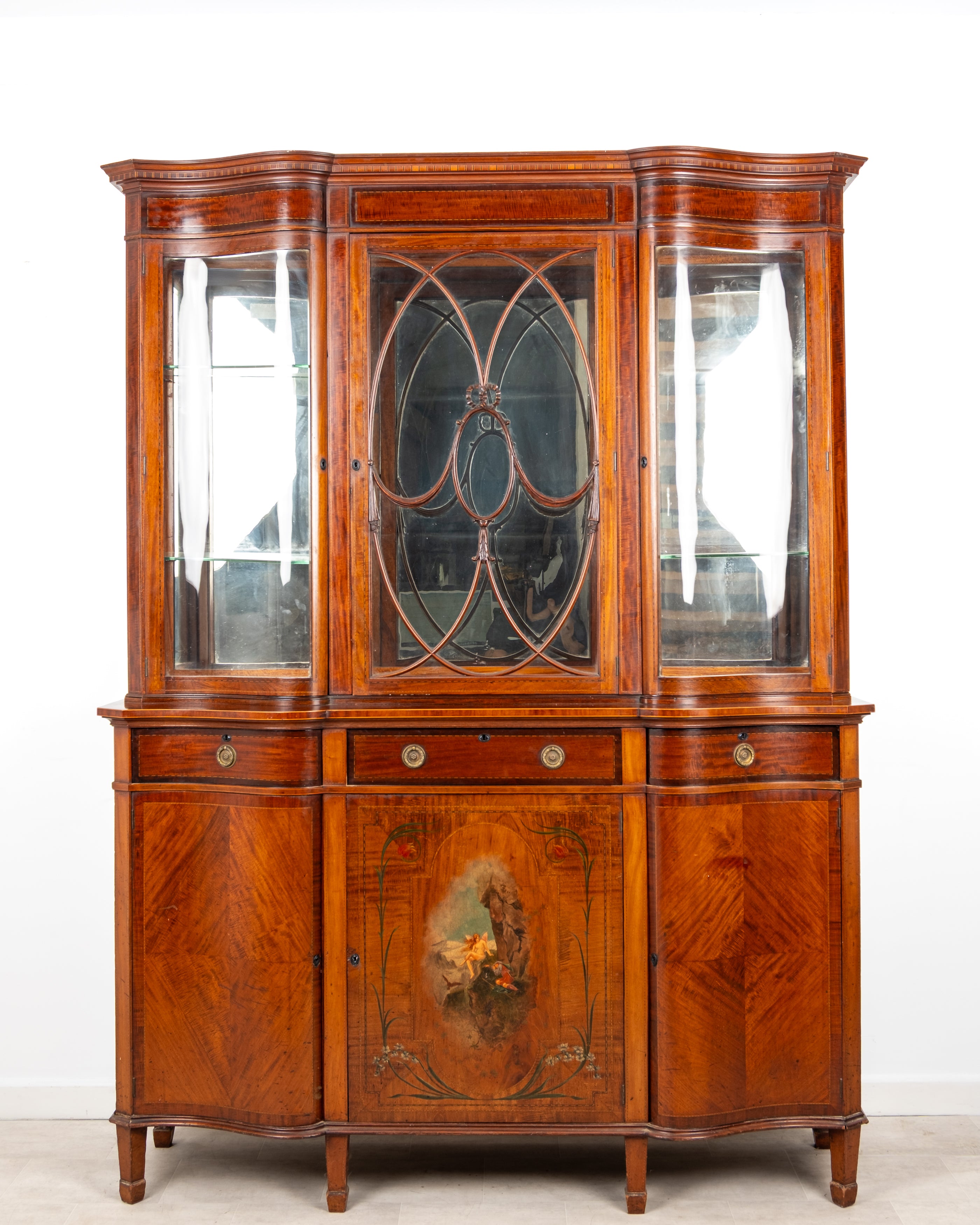 Antique Edwardian mahogany painted serpentine display cabinet circa 1900
