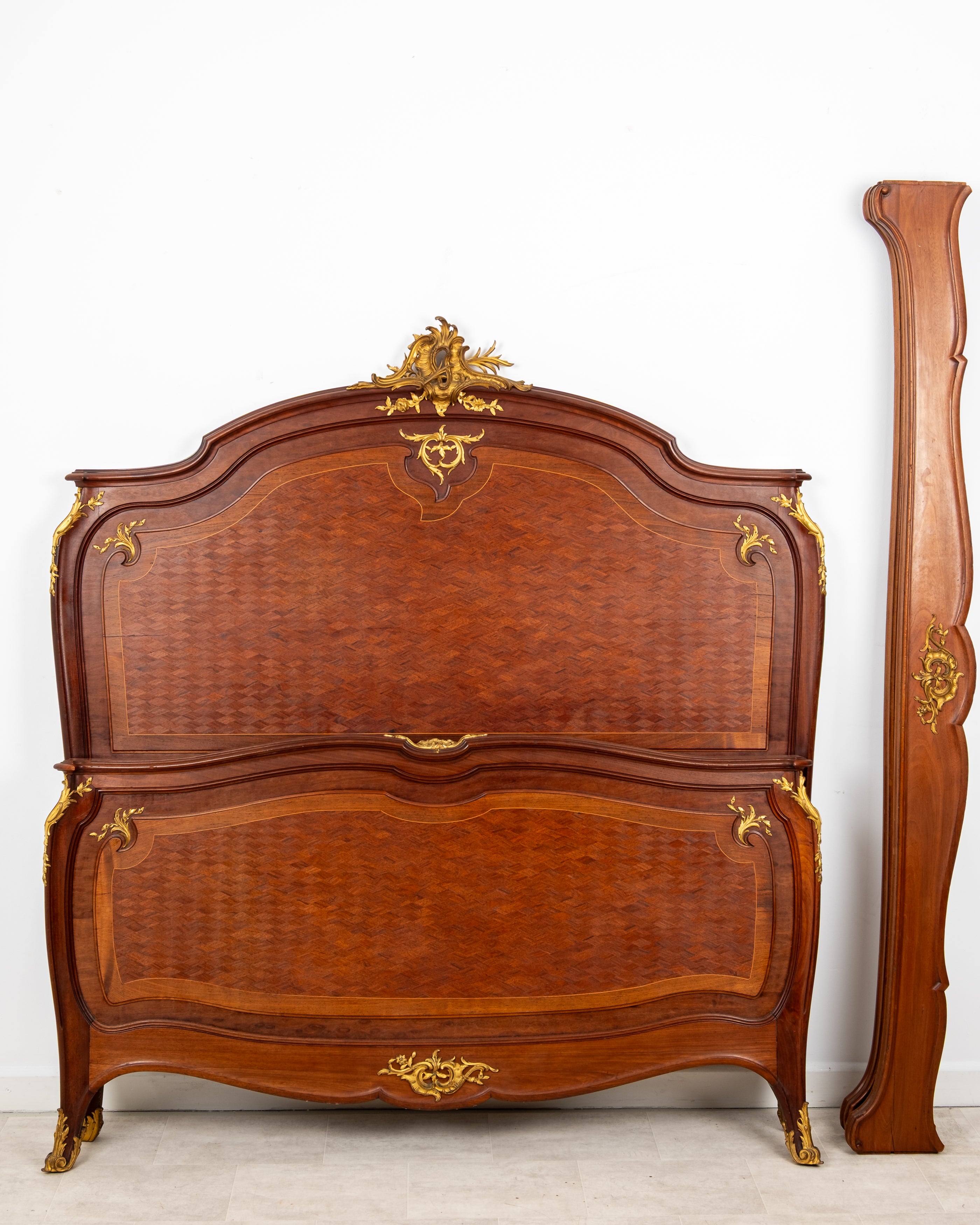 Antique French Kingwood Parquetry King Size Bed c.1880 - Ormolu Mounted Louis XV Style Bedstead 5ft