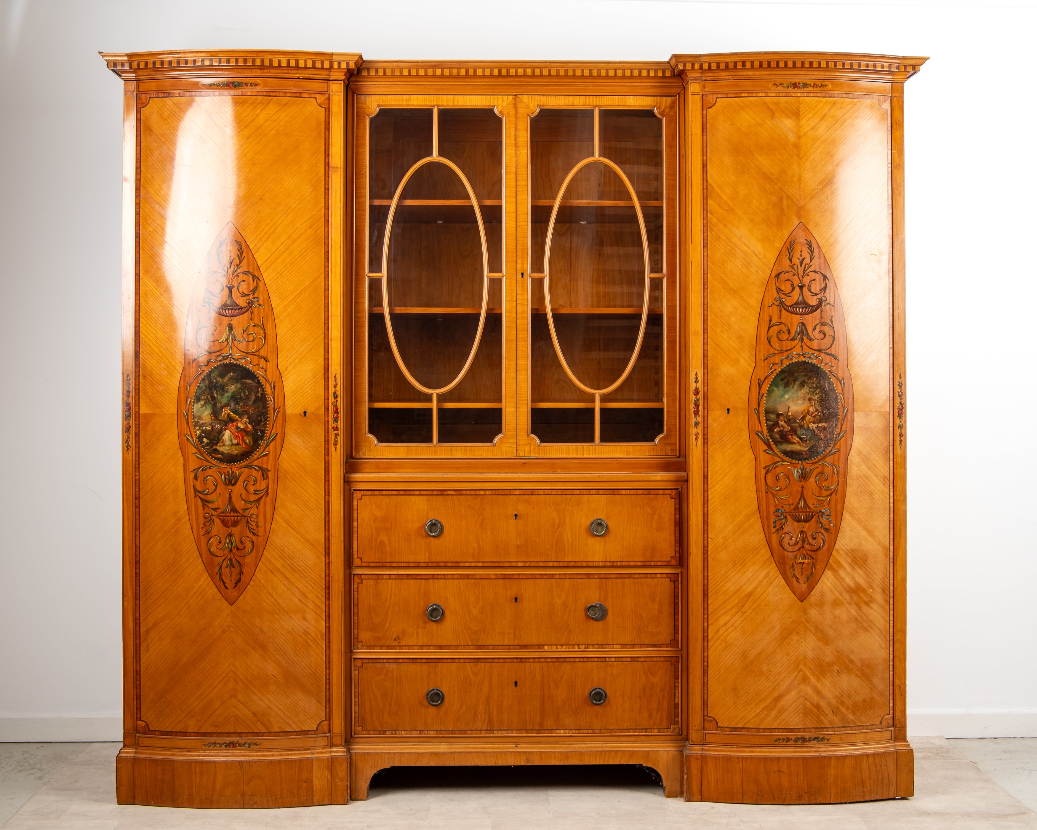 Antique Edwardian painted satinwood compactum wardrobe with bookcase circa 1900