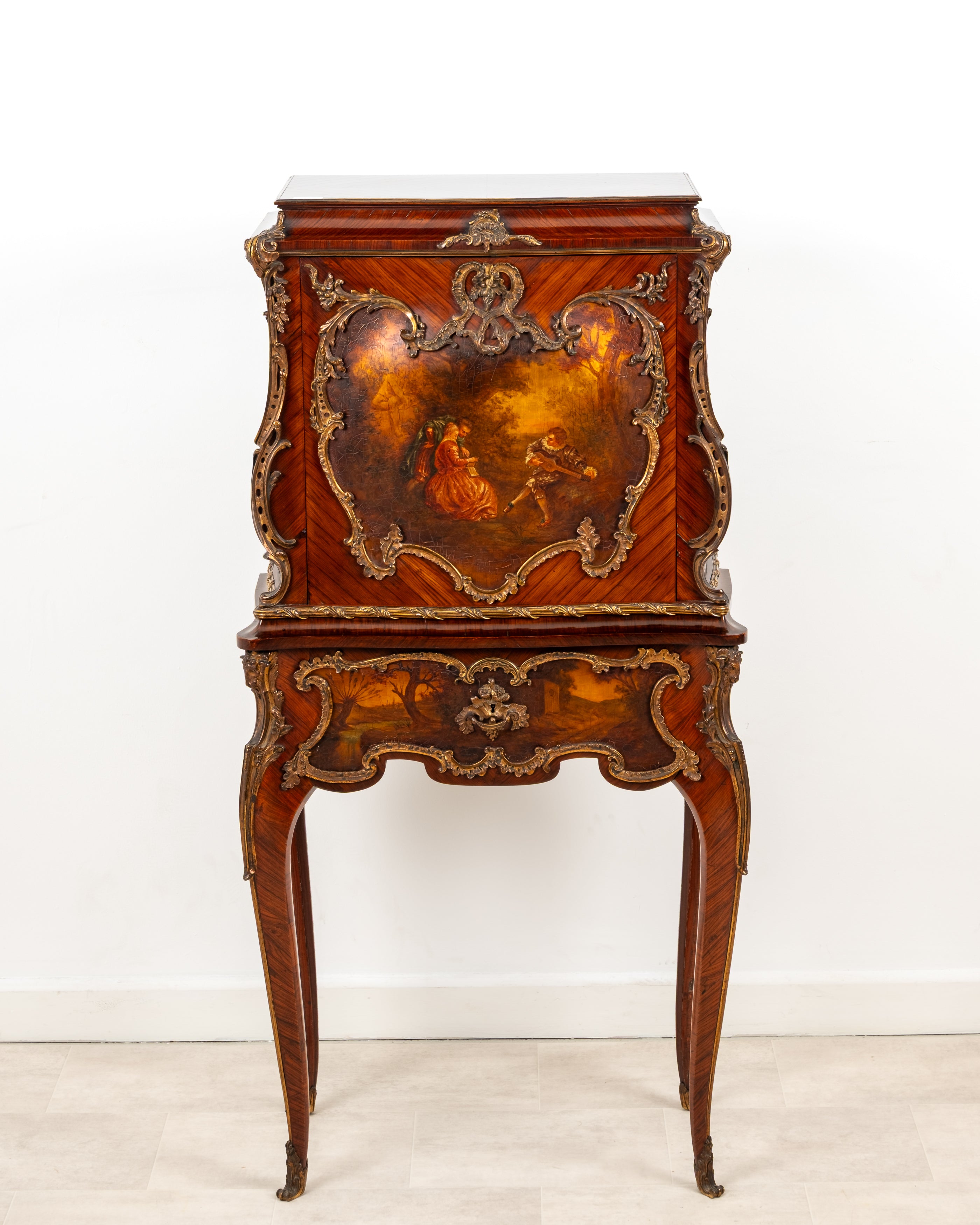 Exceptional Antique French Kingwood Vernis Martin Secrétaire à Abattant on Stand c.1880 - Louis XV Ormolu Mounted Writing Cabinet