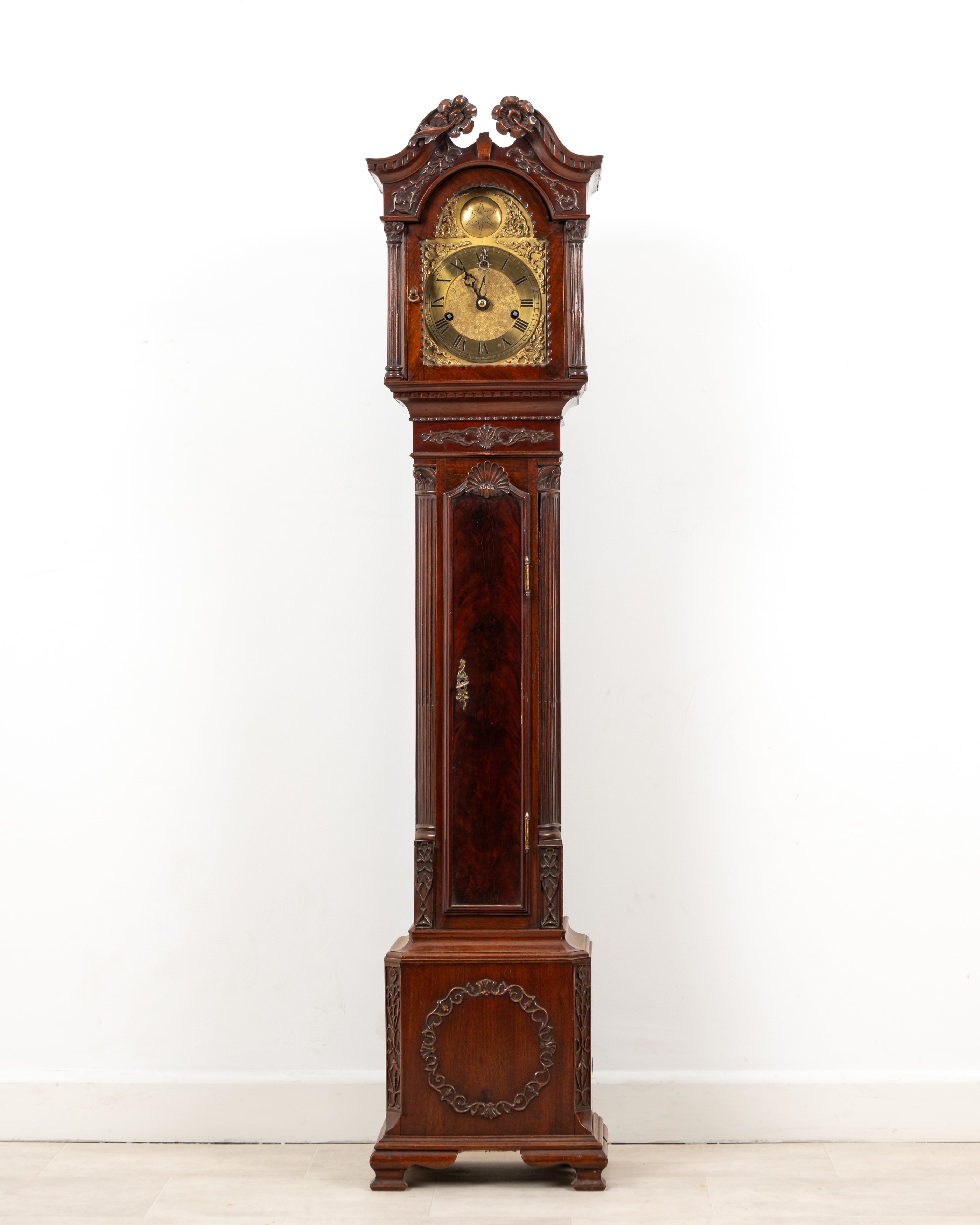 Antique Edwardian mahogany grandmother clock with brass dial circa 1900