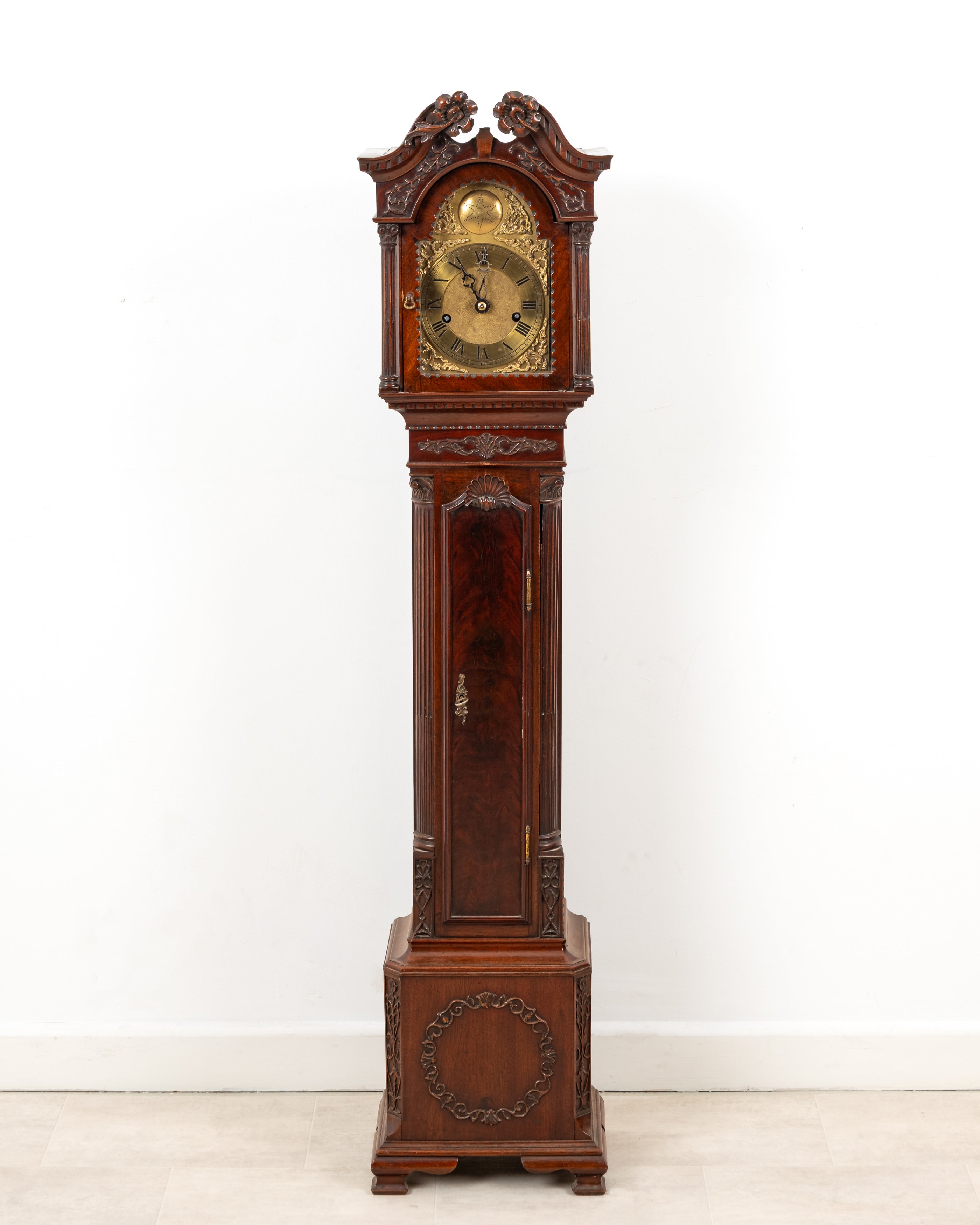 Antique Edwardian Mahogany Grandmother Clock c.1900 - Small Longcase Clock with Brass Dial
