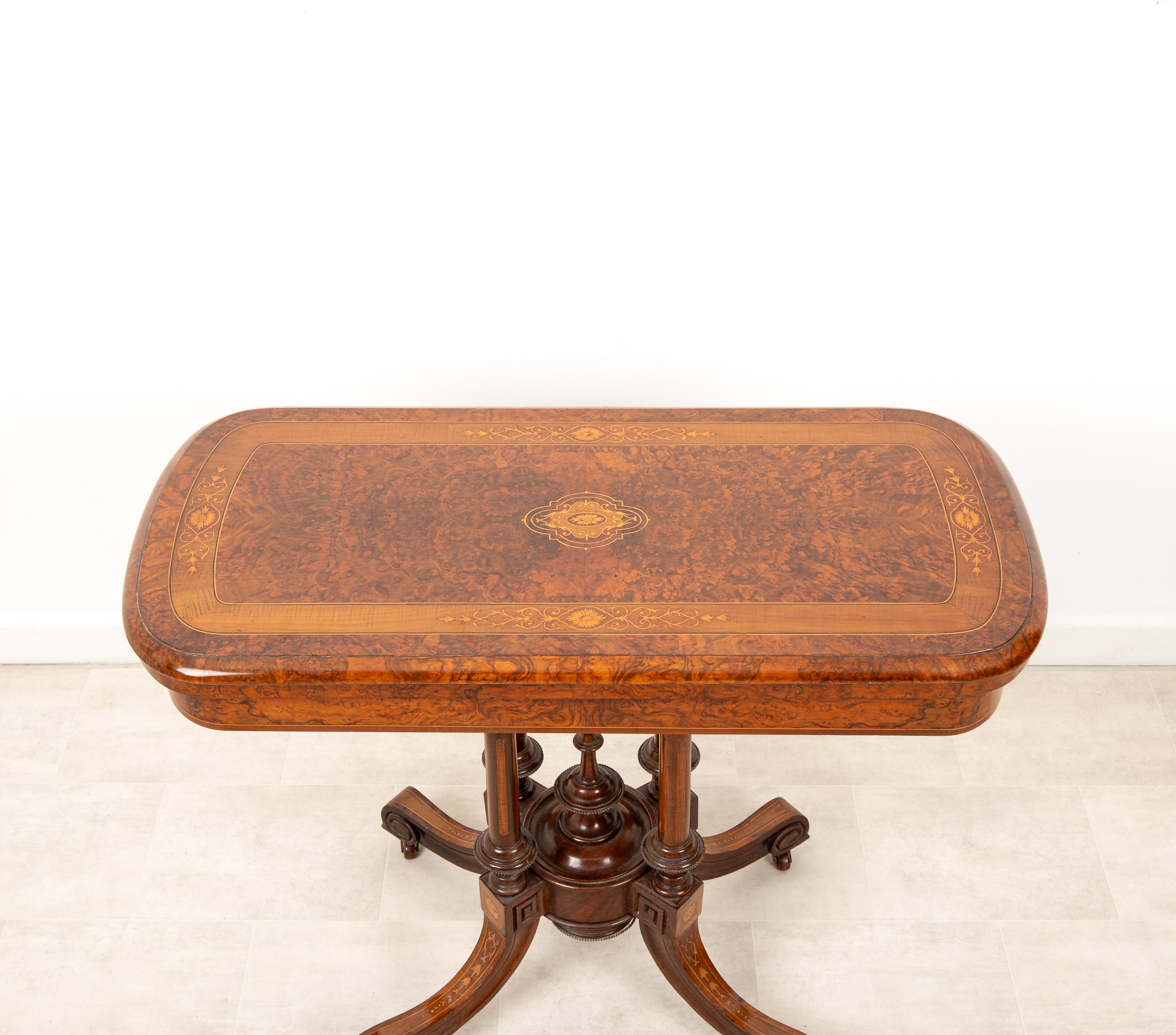 Antique Victorian Burr Walnut Fold Over Games Table c.1880 - Inlaid Card Table