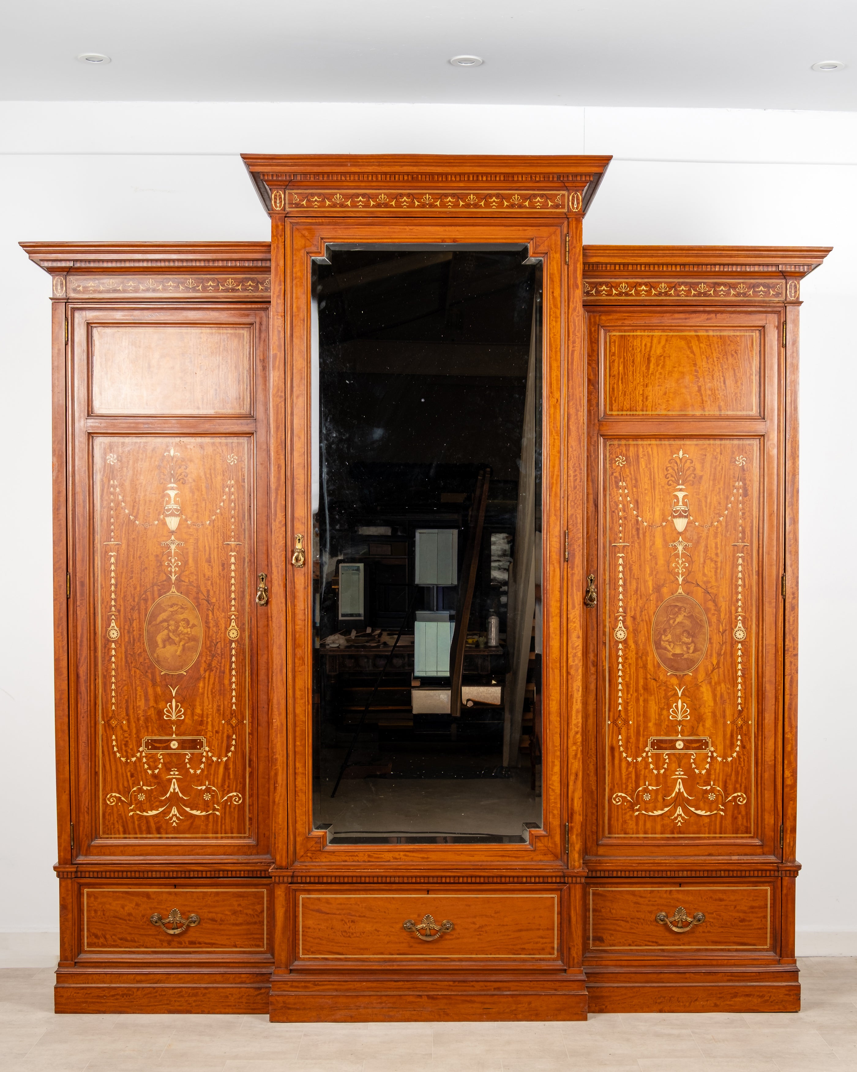 Antique Edwardian satinwood painted triple wardrobe circa 1900