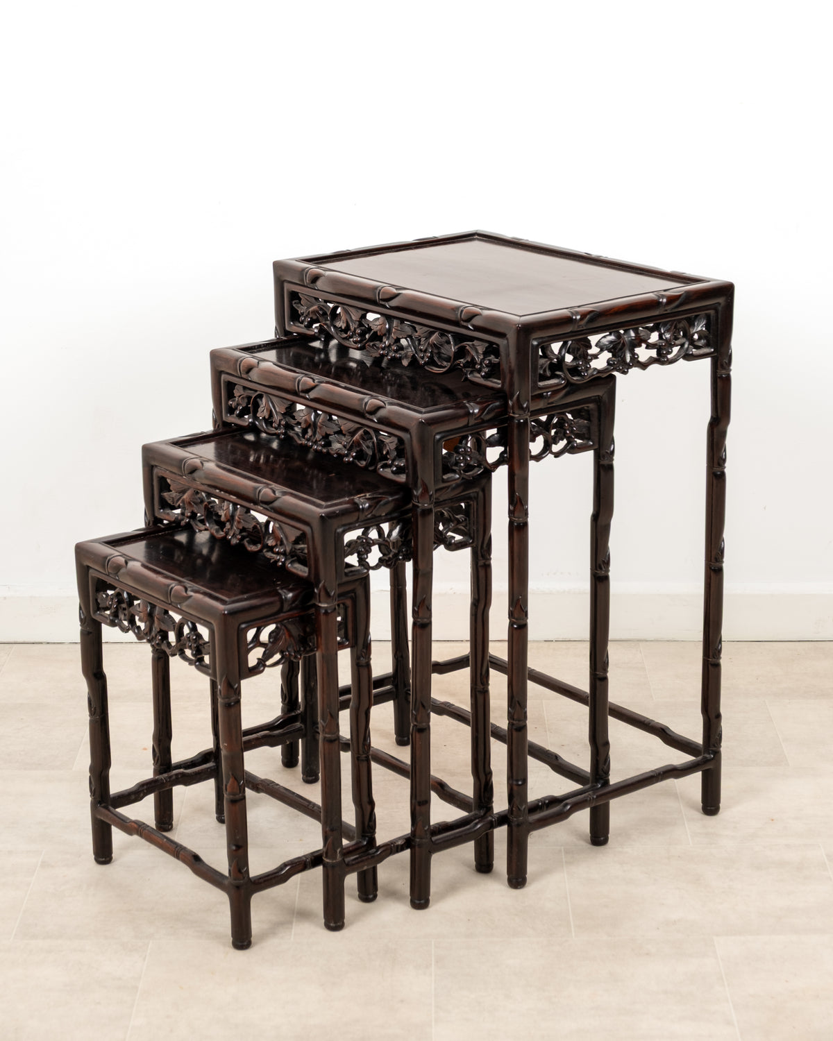Antique Chinese Hardwood Nest of Four Tables c.1900 | Carved Graduated Side Tables