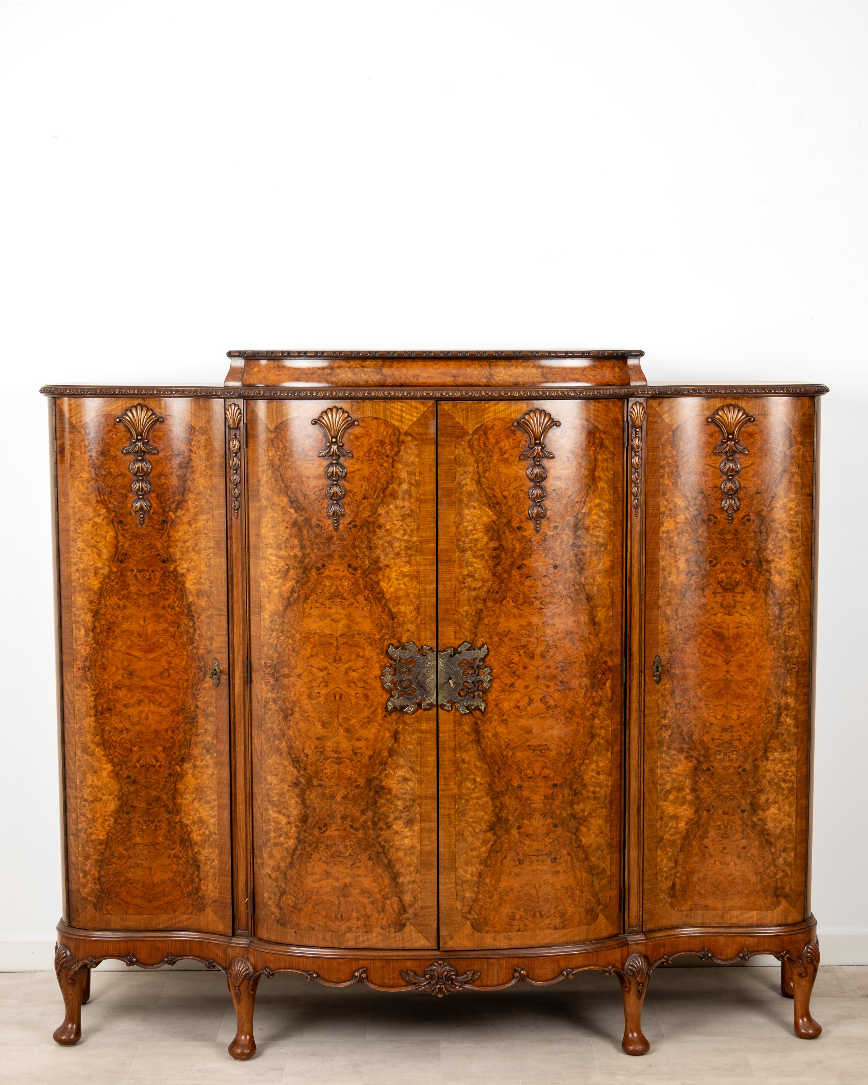 Antique Burr Walnut Cocktail Cabinet with Mirrored Interior c.1930