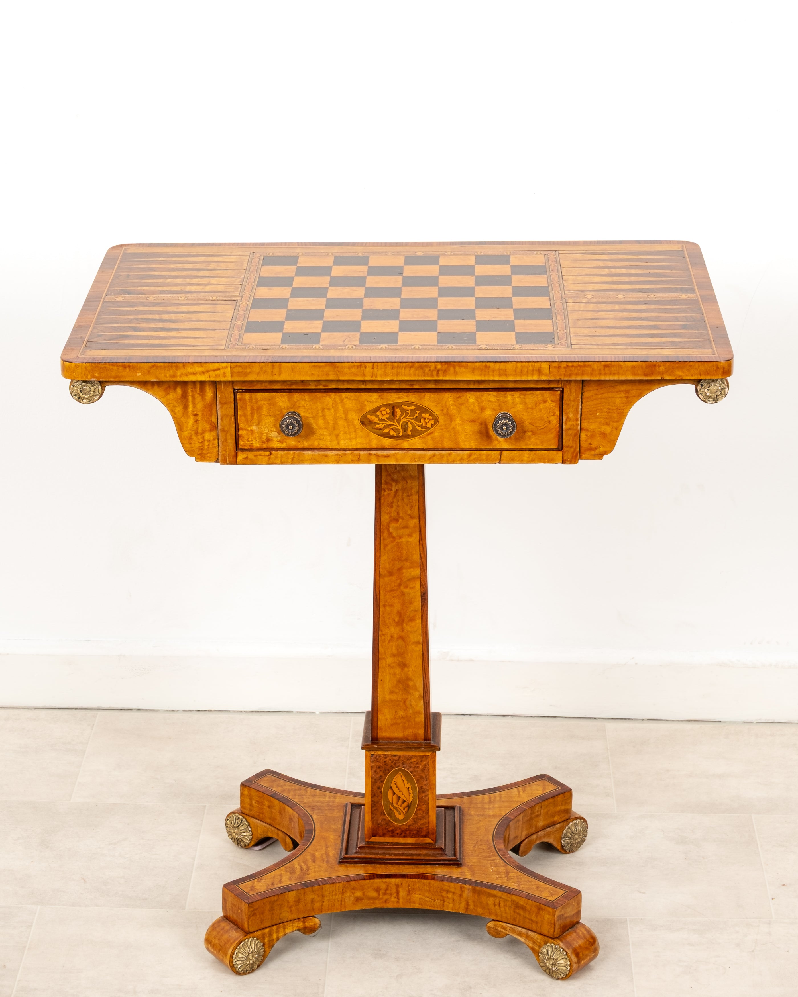 Vintage Regency Style Maple & Ebony Inlaid Chess Games Table
